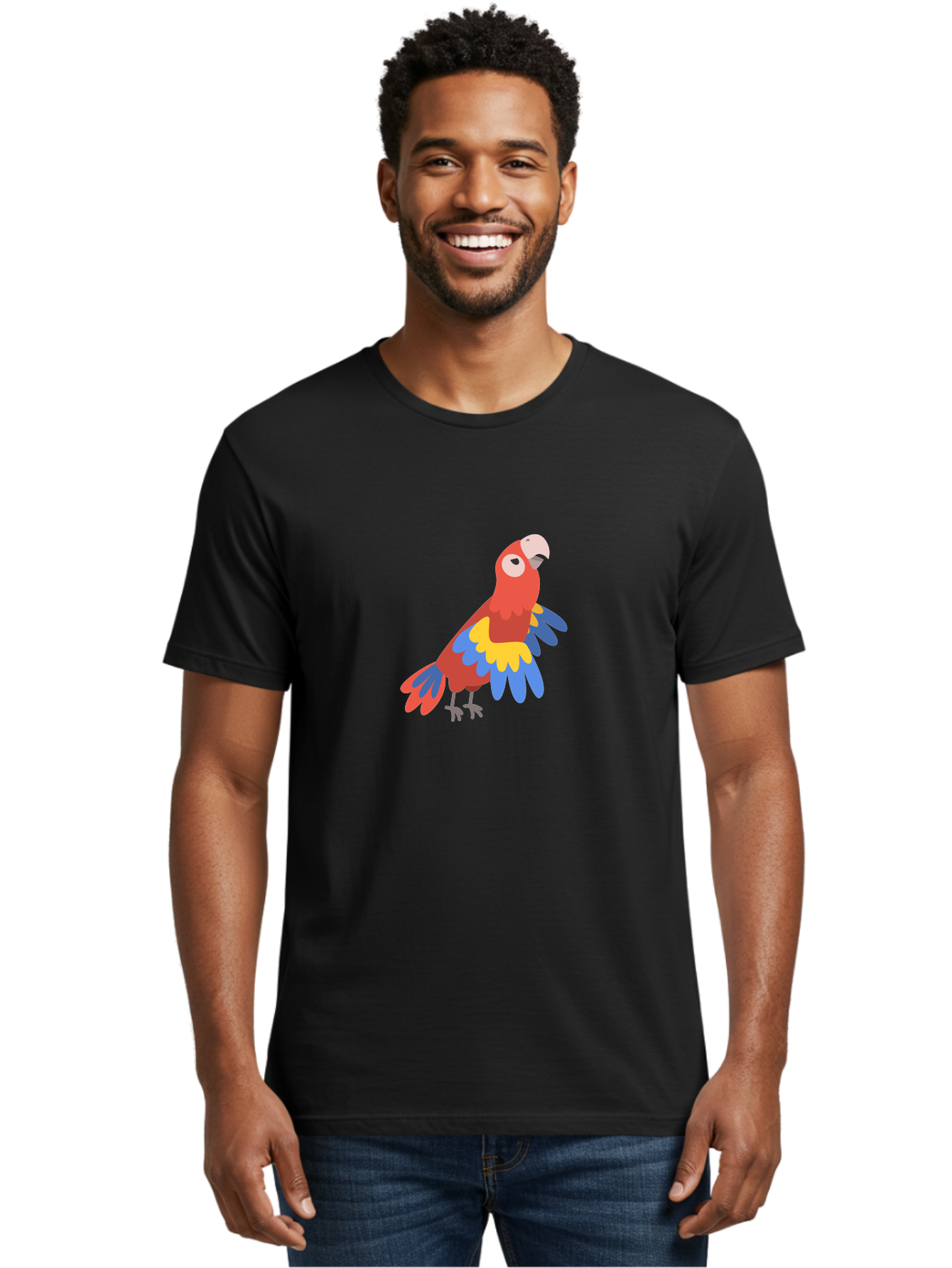 Colorful-Parrot-1 Men'S Graphic Tee, 100% Cotton, Comfortable Casual Summer Wear, Machine Washable, Colorful Parrot, Macaw Bird, Vibrant Plumage, Red, Blue, And Yellow Feathers, Tropical Bird, Cartoon Illustration, Playful Design, Aab824 6
