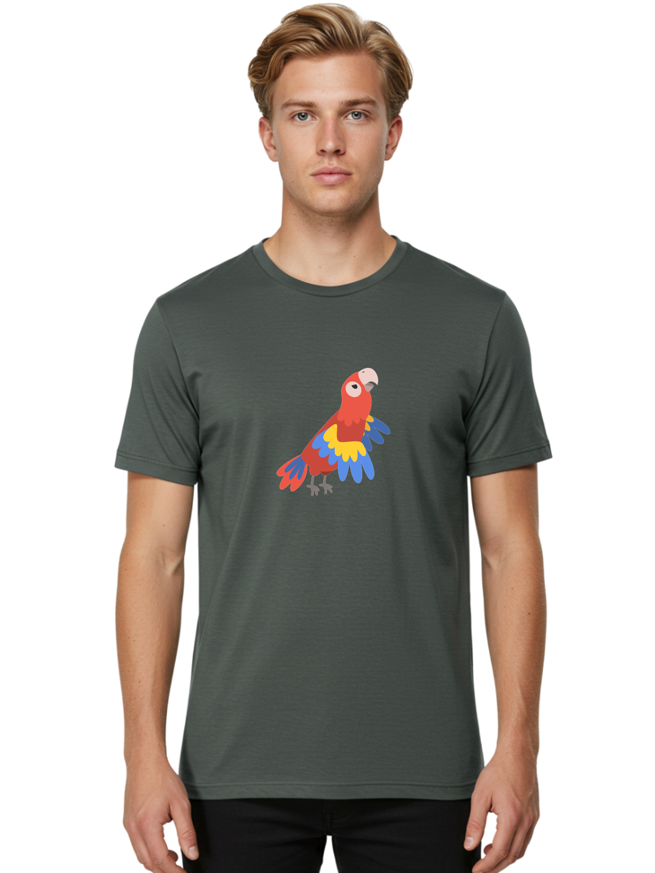 Colorful-Parrot-1 Men'S Graphic Tee, 100% Cotton, Comfortable Casual Summer Wear, Machine Washable, Colorful Parrot, Macaw Bird, Vibrant Plumage, Red, Blue, And Yellow Feathers, Tropical Bird, Cartoon Illustration, Playful Design, Aab824 28