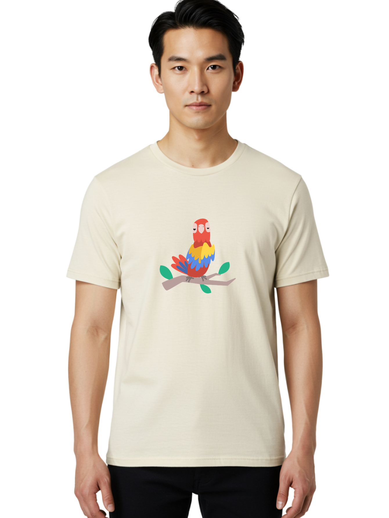 Colorful-Parrot Men'S Graphic Tee, 100% Cotton, Comfortable Casual Summer Wear, Machine Washable, Cartoon Parrot, Vibrant Plumage, Red, Blue, Yellow Feathers, Sitting On Branch, Leaves, Tropical Bird, Playful Illustration, Digital Art, Aab825 26