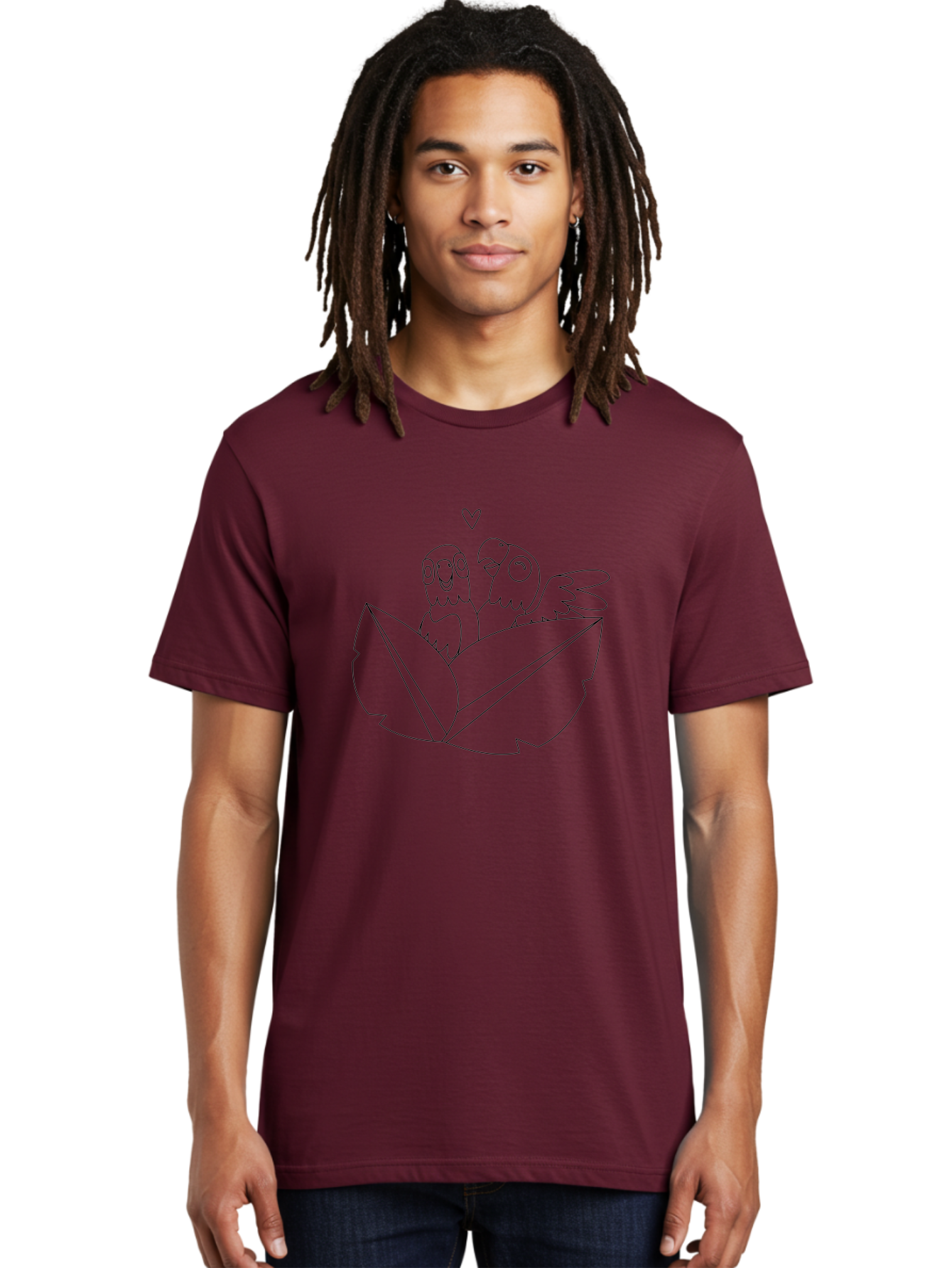 Love-Birds-1 Men'S Graphic Tee, 100% Cotton, Comfortable Casual Summer Wear, Machine Washable, Two Birds Perched On Leaves, Love Heart Symbol, Adorable Cartoon Birds, Sweet Couple, Tender Moment, Lovable Animals, Coloring Page Art Aab834 2