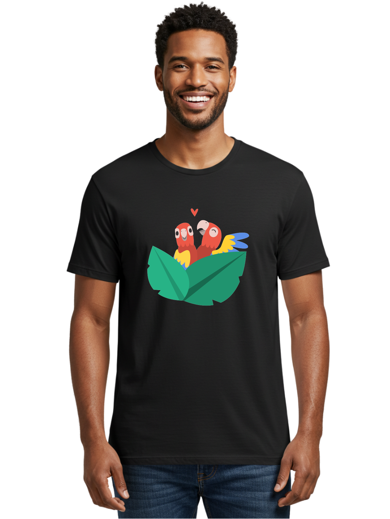 Love-Birds Men'S Graphic Tee, 100% Cotton, Comfortable Casual Summer Wear, Machine Washable, Cartoon Parrots, Red Parrots, Bird Couple, Love Birds, Tropical Birds, Colorful Feathers, Green Leaves, Red Heart, Yellow Beaks, Blue Wings Aab835 10