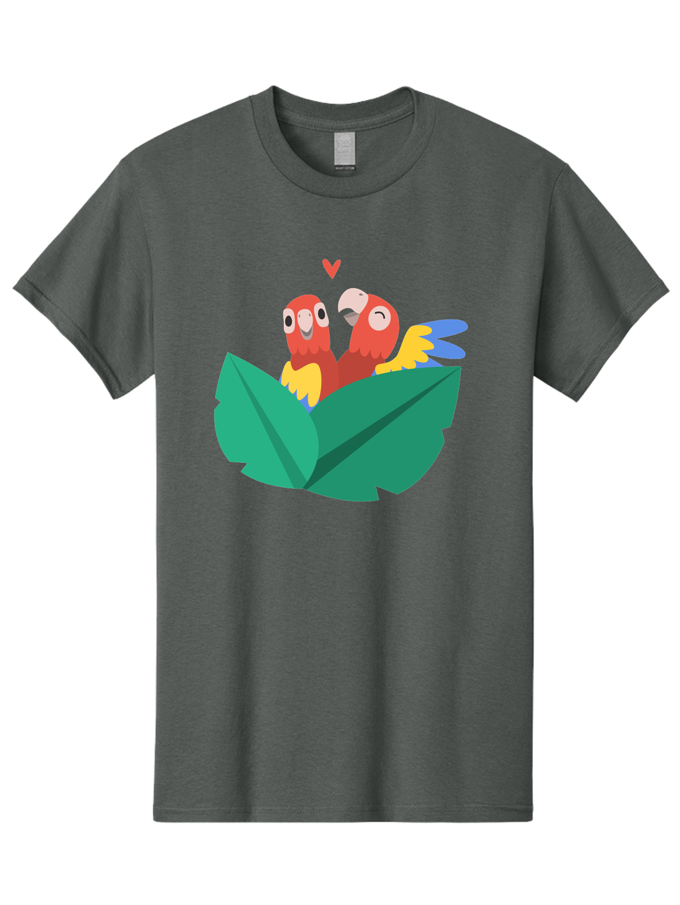 Love-Birds Men'S Graphic Tee, 100% Cotton, Comfortable Casual Summer Wear, Machine Washable, Cartoon Parrots, Red Parrots, Bird Couple, Love Birds, Tropical Birds, Colorful Feathers, Green Leaves, Red Heart, Yellow Beaks, Blue Wings Aab835 19