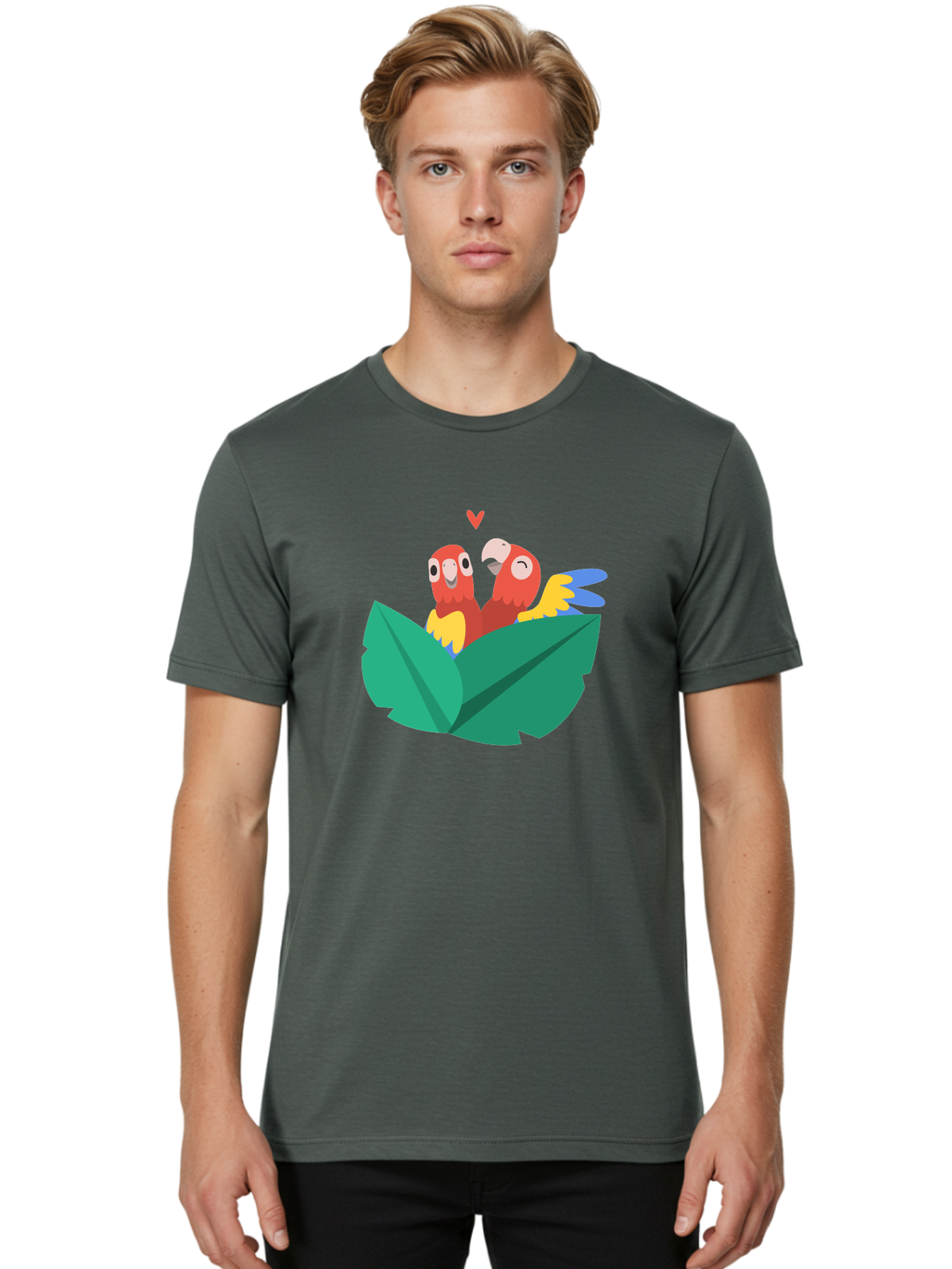 Love-Birds Men'S Graphic Tee, 100% Cotton, Comfortable Casual Summer Wear, Machine Washable, Cartoon Parrots, Red Parrots, Bird Couple, Love Birds, Tropical Birds, Colorful Feathers, Green Leaves, Red Heart, Yellow Beaks, Blue Wings Aab835 20