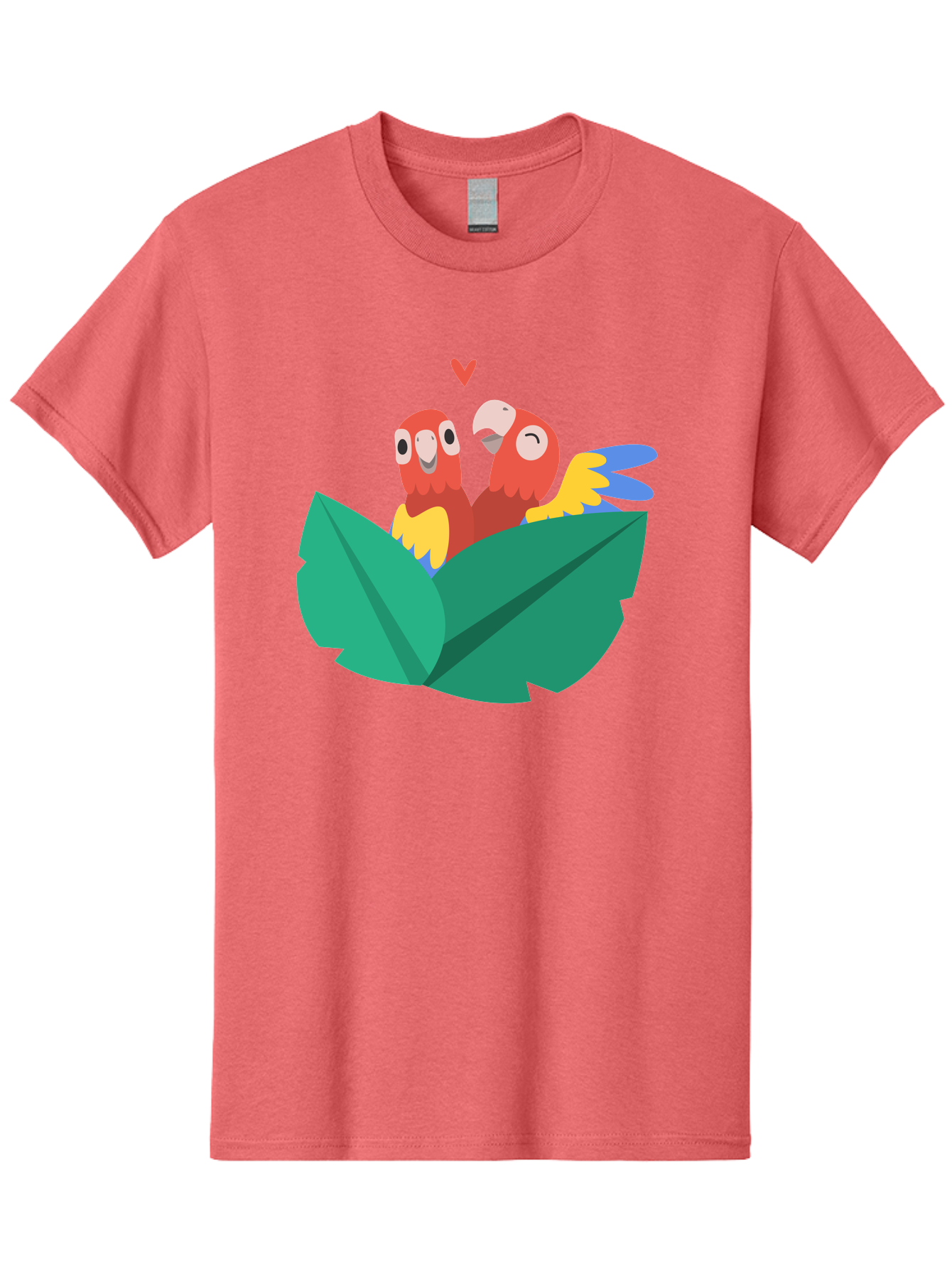 Love-Birds Men'S Graphic Tee, 100% Cotton, Comfortable Casual Summer Wear, Machine Washable, Cartoon Parrots, Red Parrots, Bird Couple, Love Birds, Tropical Birds, Colorful Feathers, Green Leaves, Red Heart, Yellow Beaks, Blue Wings Aab835 29