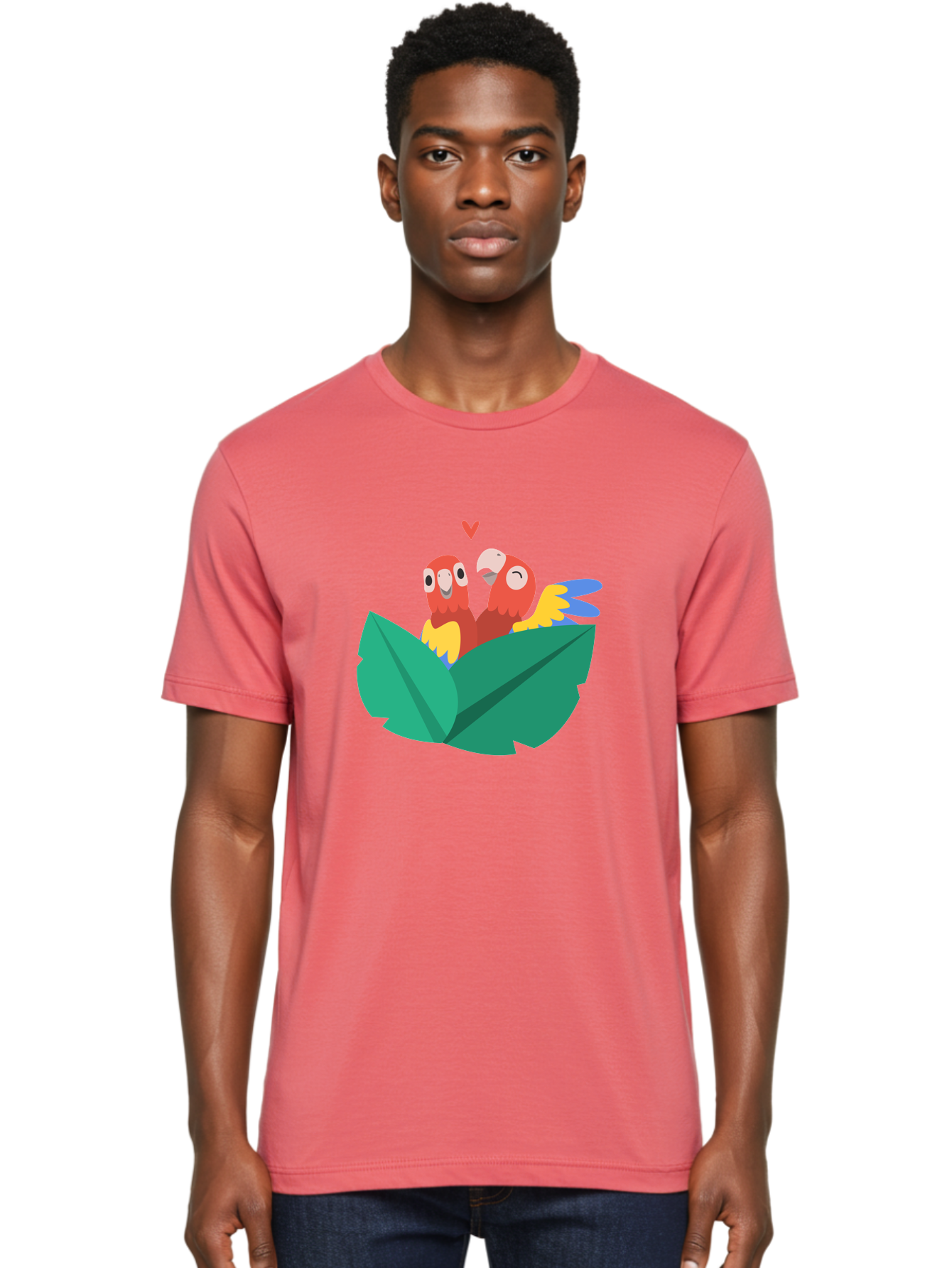 Love-Birds Men'S Graphic Tee, 100% Cotton, Comfortable Casual Summer Wear, Machine Washable, Cartoon Parrots, Red Parrots, Bird Couple, Love Birds, Tropical Birds, Colorful Feathers, Green Leaves, Red Heart, Yellow Beaks, Blue Wings Aab835 30