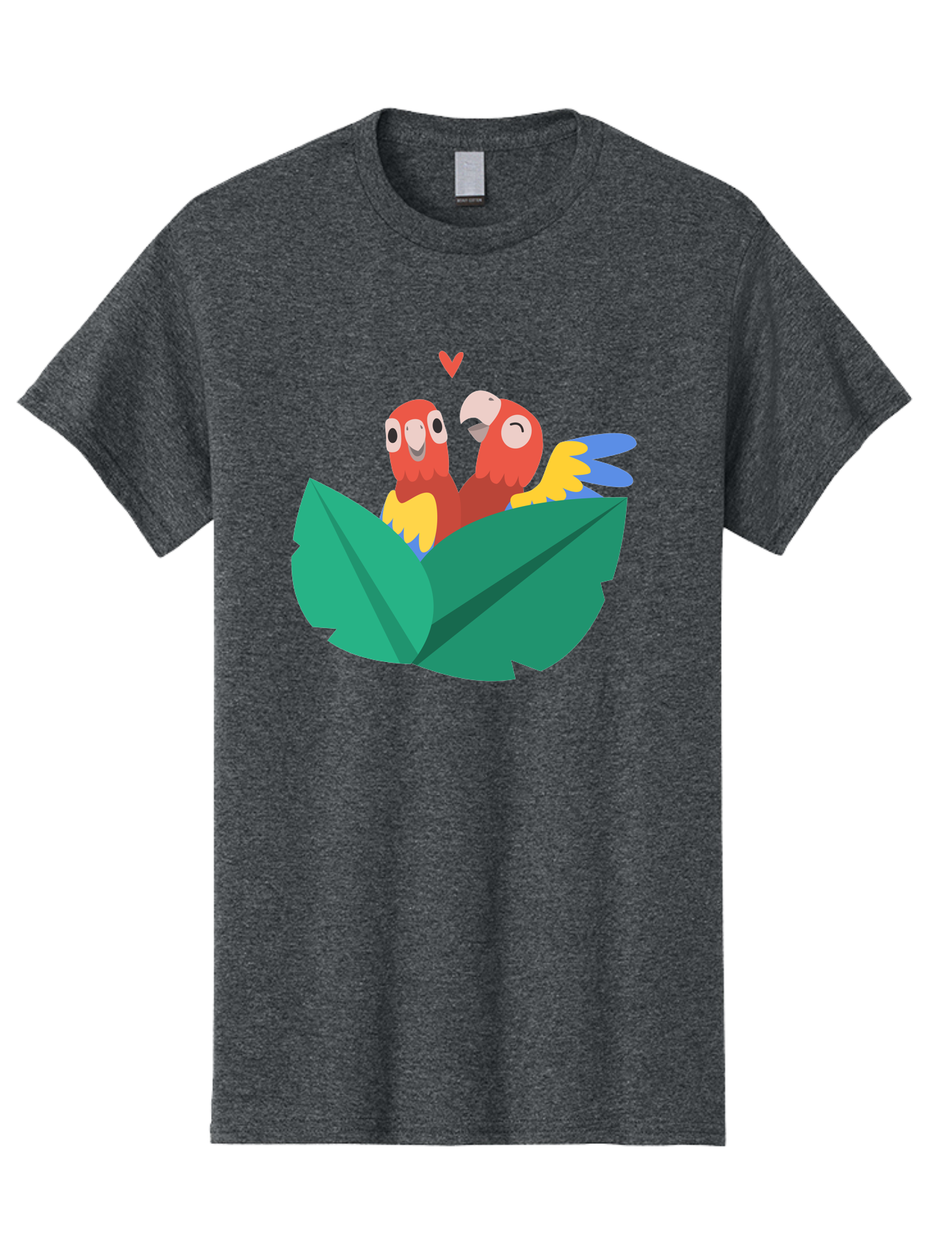 Love-Birds Men'S Graphic Tee, 100% Cotton, Comfortable Casual Summer Wear, Machine Washable, Cartoon Parrots, Red Parrots, Bird Couple, Love Birds, Tropical Birds, Colorful Feathers, Green Leaves, Red Heart, Yellow Beaks, Blue Wings Aab835 3