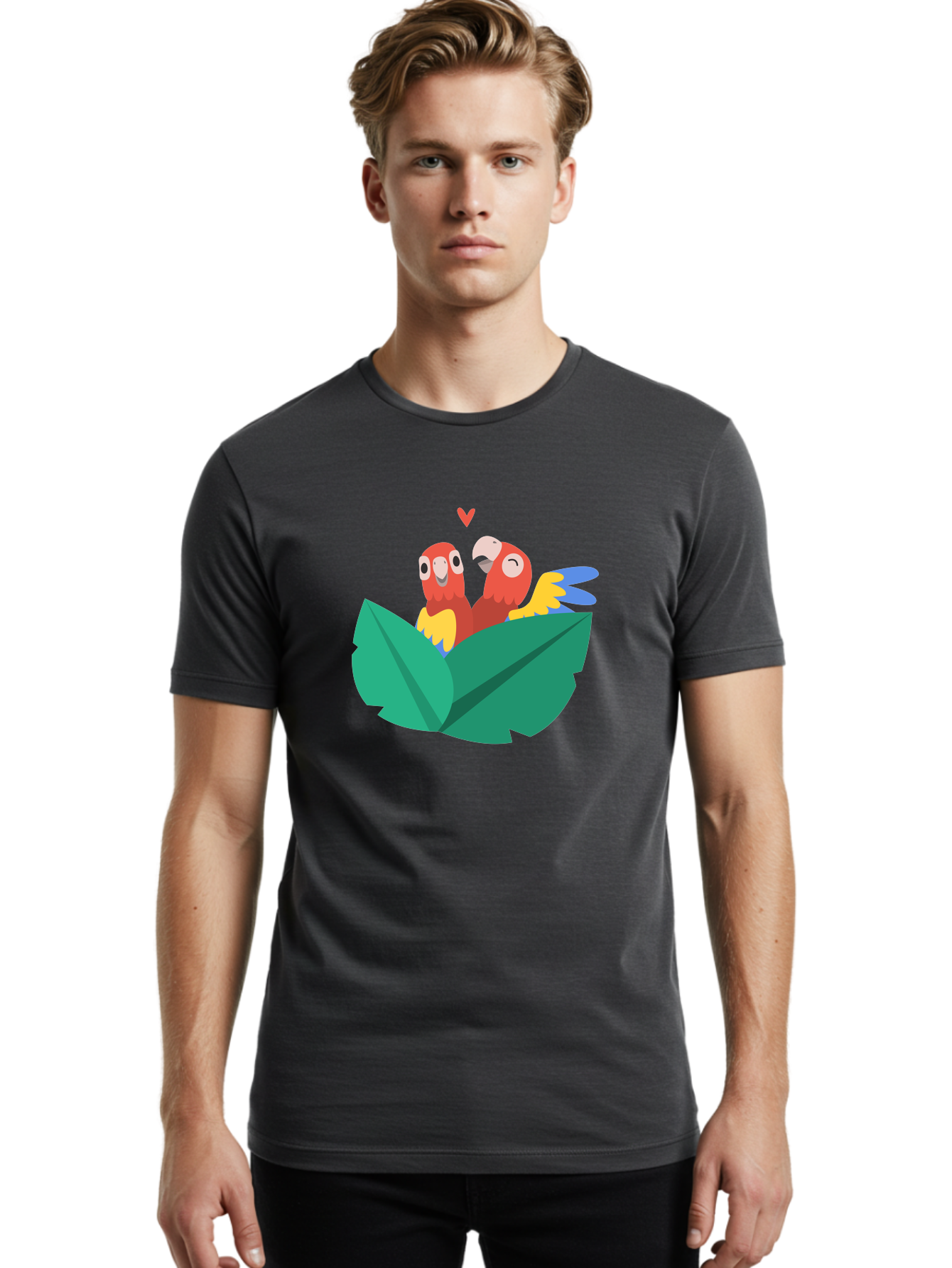 Love-Birds Men'S Graphic Tee, 100% Cotton, Comfortable Casual Summer Wear, Machine Washable, Cartoon Parrots, Red Parrots, Bird Couple, Love Birds, Tropical Birds, Colorful Feathers, Green Leaves, Red Heart, Yellow Beaks, Blue Wings Aab835 4