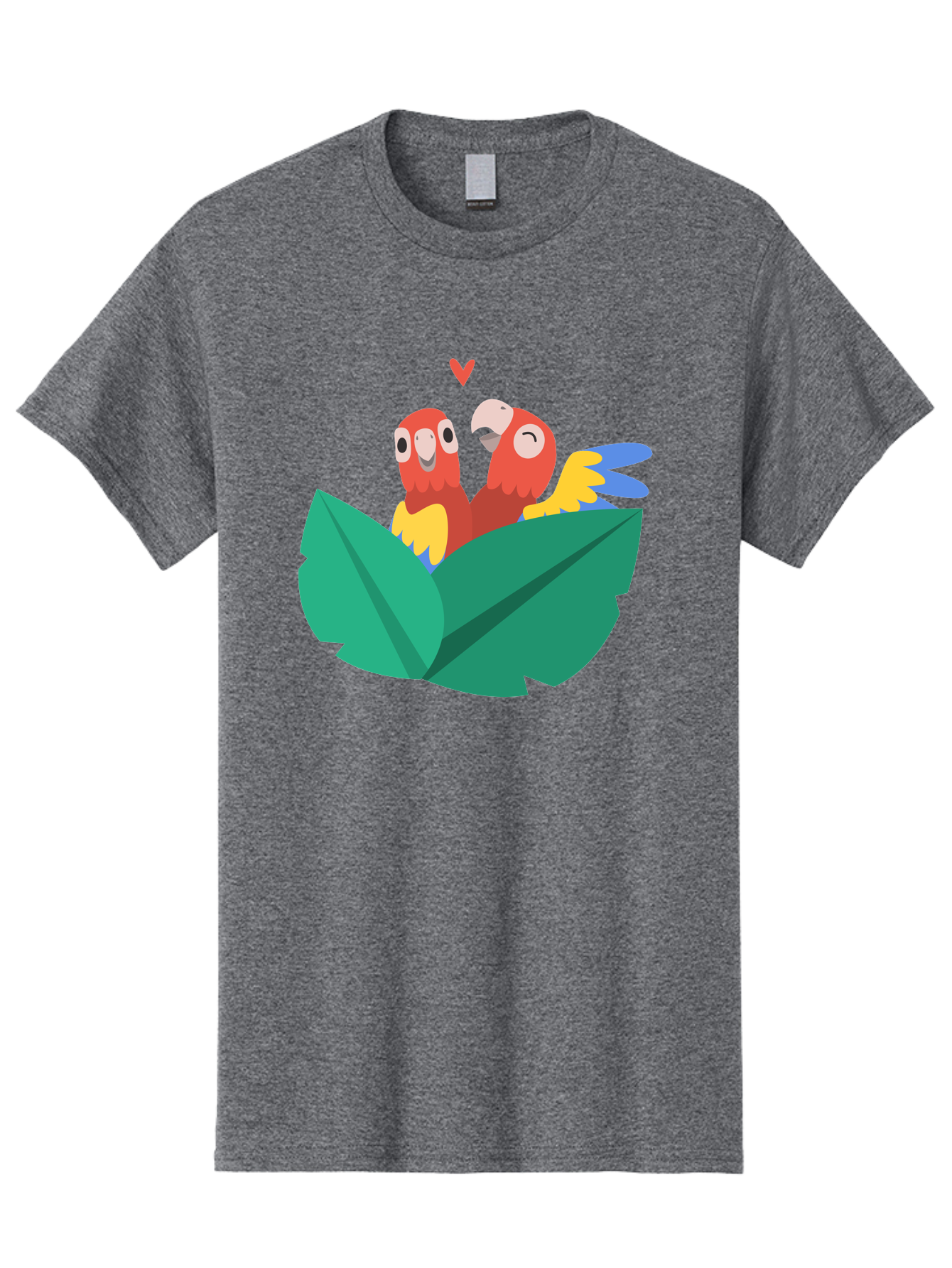 Love-Birds Men'S Graphic Tee, 100% Cotton, Comfortable Casual Summer Wear, Machine Washable, Cartoon Parrots, Red Parrots, Bird Couple, Love Birds, Tropical Birds, Colorful Feathers, Green Leaves, Red Heart, Yellow Beaks, Blue Wings Aab835 7