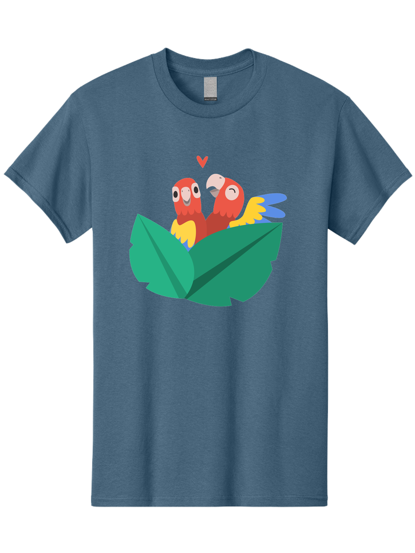 Love-Birds Men'S Graphic Tee, 100% Cotton, Comfortable Casual Summer Wear, Machine Washable, Cartoon Parrots, Red Parrots, Bird Couple, Love Birds, Tropical Birds, Colorful Feathers, Green Leaves, Red Heart, Yellow Beaks, Blue Wings Aab835 23