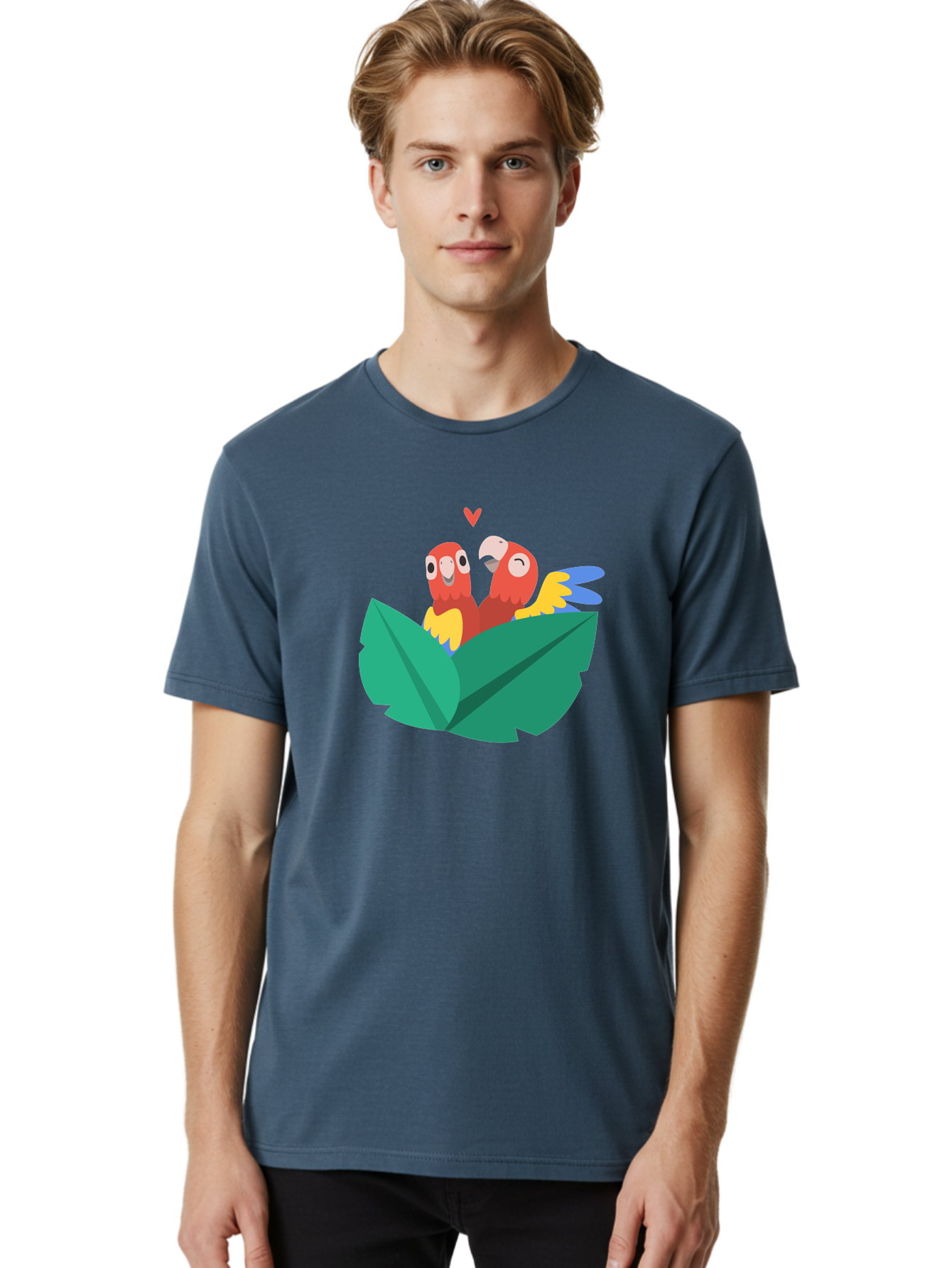 Love-Birds Men'S Graphic Tee, 100% Cotton, Comfortable Casual Summer Wear, Machine Washable, Cartoon Parrots, Red Parrots, Bird Couple, Love Birds, Tropical Birds, Colorful Feathers, Green Leaves, Red Heart, Yellow Beaks, Blue Wings Aab835 24