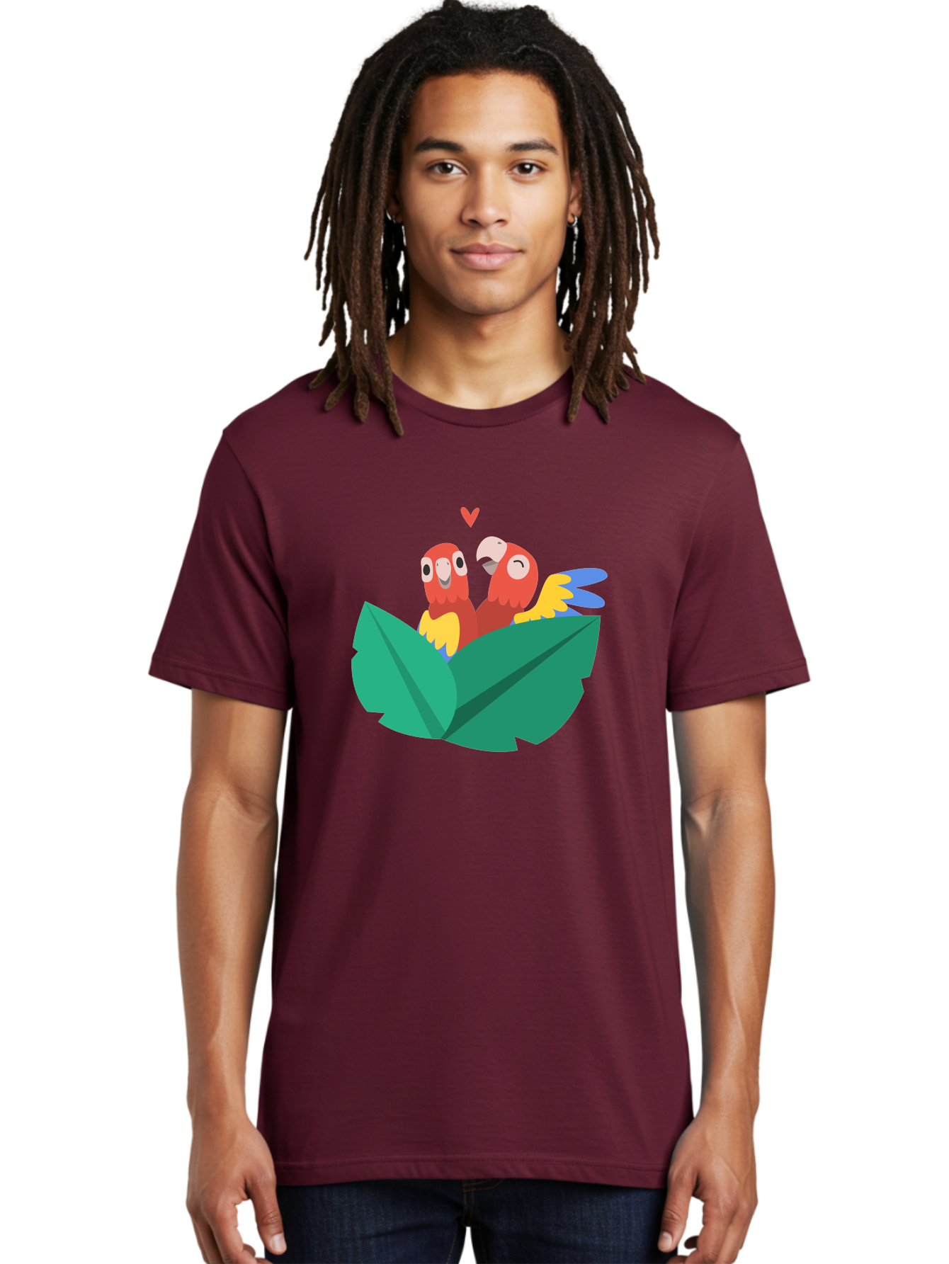 Love-Birds Men'S Graphic Tee, 100% Cotton, Comfortable Casual Summer Wear, Machine Washable, Cartoon Parrots, Red Parrots, Bird Couple, Love Birds, Tropical Birds, Colorful Feathers, Green Leaves, Red Heart, Yellow Beaks, Blue Wings Aab835 26
