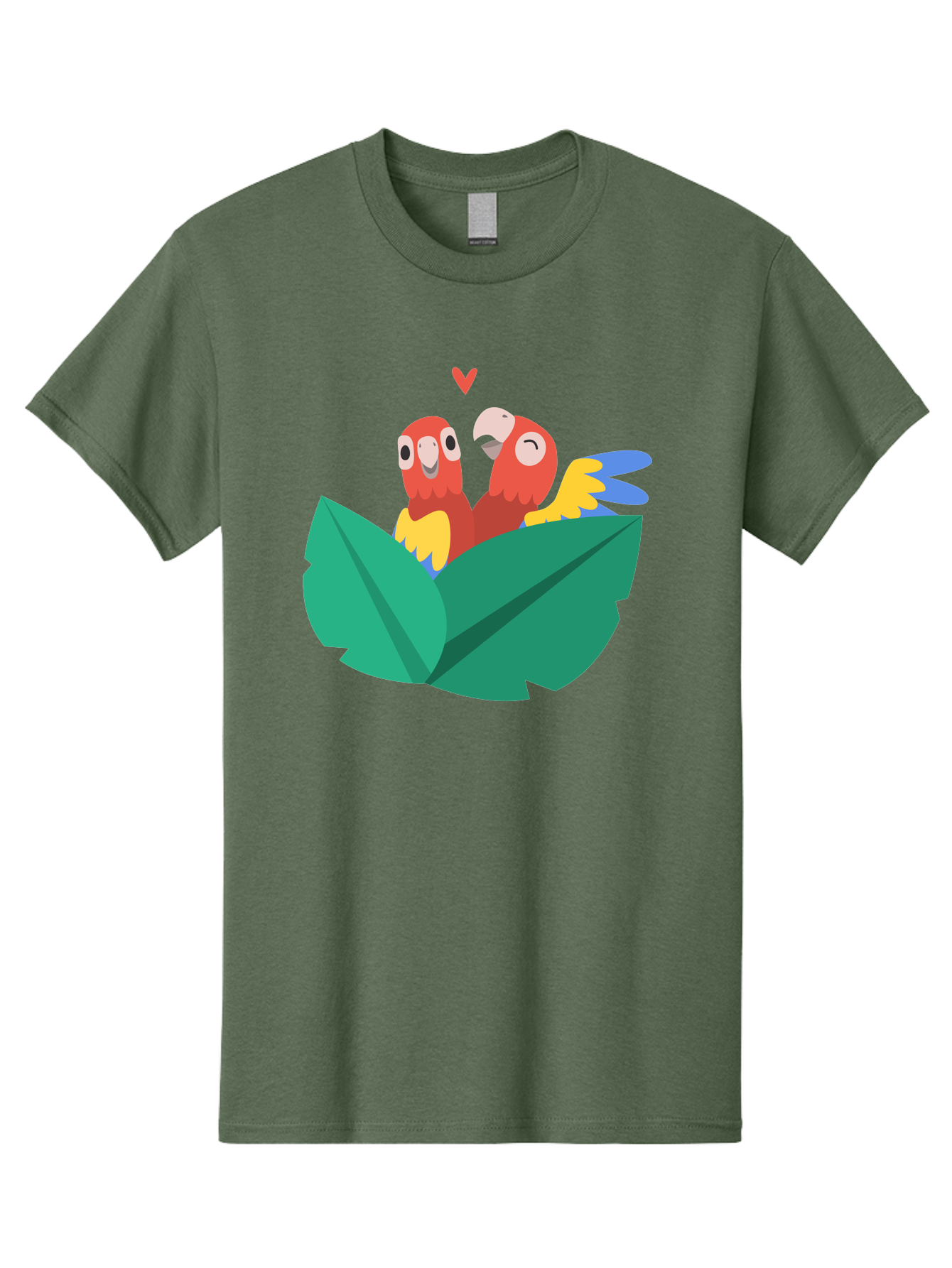 Love-Birds Men'S Graphic Tee, 100% Cotton, Comfortable Casual Summer Wear, Machine Washable, Cartoon Parrots, Red Parrots, Bird Couple, Love Birds, Tropical Birds, Colorful Feathers, Green Leaves, Red Heart, Yellow Beaks, Blue Wings Aab835 17