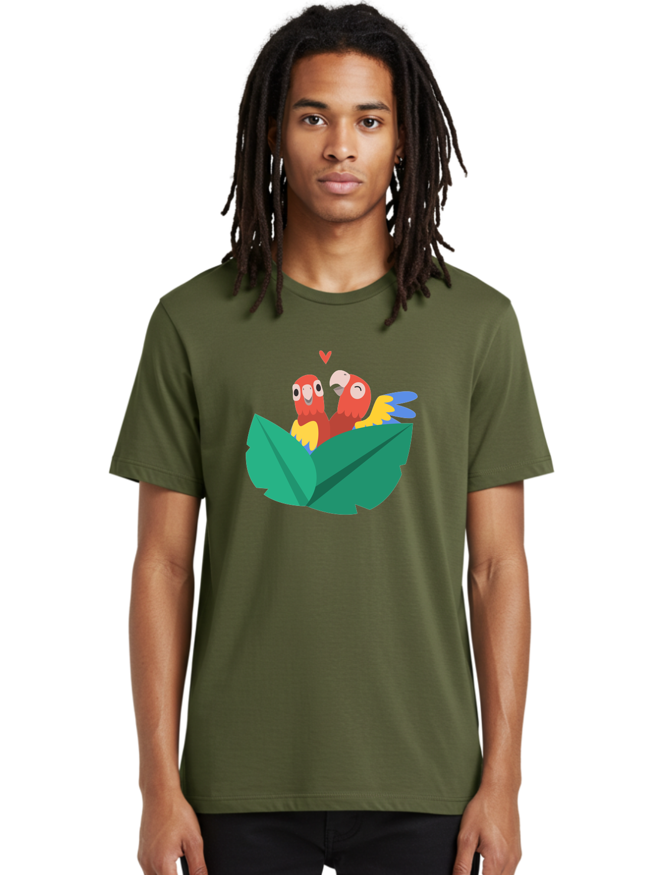 Love-Birds Men'S Graphic Tee, 100% Cotton, Comfortable Casual Summer Wear, Machine Washable, Cartoon Parrots, Red Parrots, Bird Couple, Love Birds, Tropical Birds, Colorful Feathers, Green Leaves, Red Heart, Yellow Beaks, Blue Wings Aab835 18