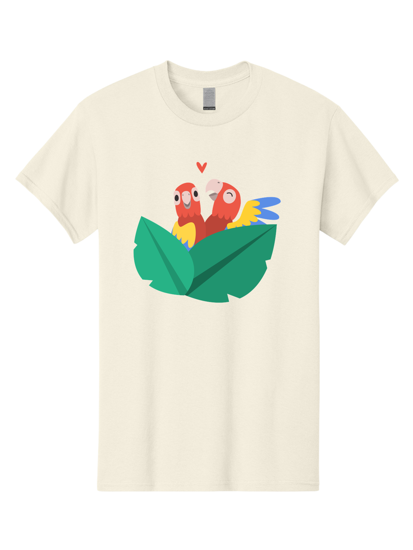 Love-Birds Men'S Graphic Tee, 100% Cotton, Comfortable Casual Summer Wear, Machine Washable, Cartoon Parrots, Red Parrots, Bird Couple, Love Birds, Tropical Birds, Colorful Feathers, Green Leaves, Red Heart, Yellow Beaks, Blue Wings Aab835 13