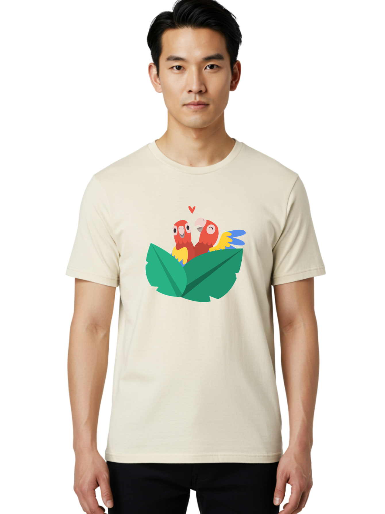 Love-Birds Men'S Graphic Tee, 100% Cotton, Comfortable Casual Summer Wear, Machine Washable, Cartoon Parrots, Red Parrots, Bird Couple, Love Birds, Tropical Birds, Colorful Feathers, Green Leaves, Red Heart, Yellow Beaks, Blue Wings Aab835 14