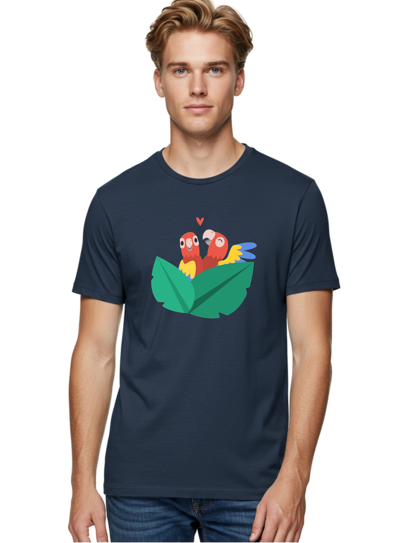 Love-Birds Men'S Graphic Tee, 100% Cotton, Comfortable Casual Summer Wear, Machine Washable, Cartoon Parrots, Red Parrots, Bird Couple, Love Birds, Tropical Birds, Colorful Feathers, Green Leaves, Red Heart, Yellow Beaks, Blue Wings Aab835 12