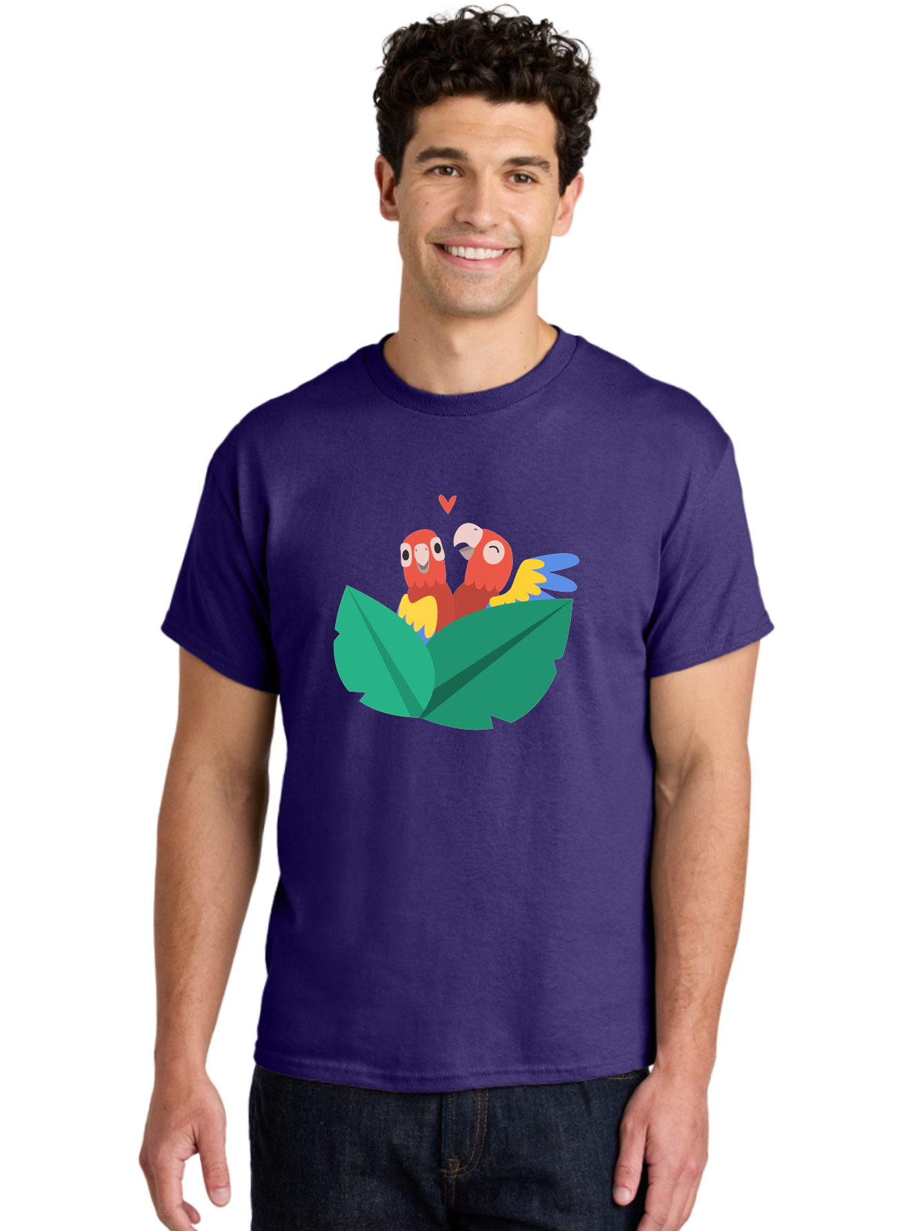 Love-Birds Men'S Graphic Tee, 100% Cotton, Comfortable Casual Summer Wear, Machine Washable, Cartoon Parrots, Red Parrots, Bird Couple, Love Birds, Tropical Birds, Colorful Feathers, Green Leaves, Red Heart, Yellow Beaks, Blue Wings Aab835 6