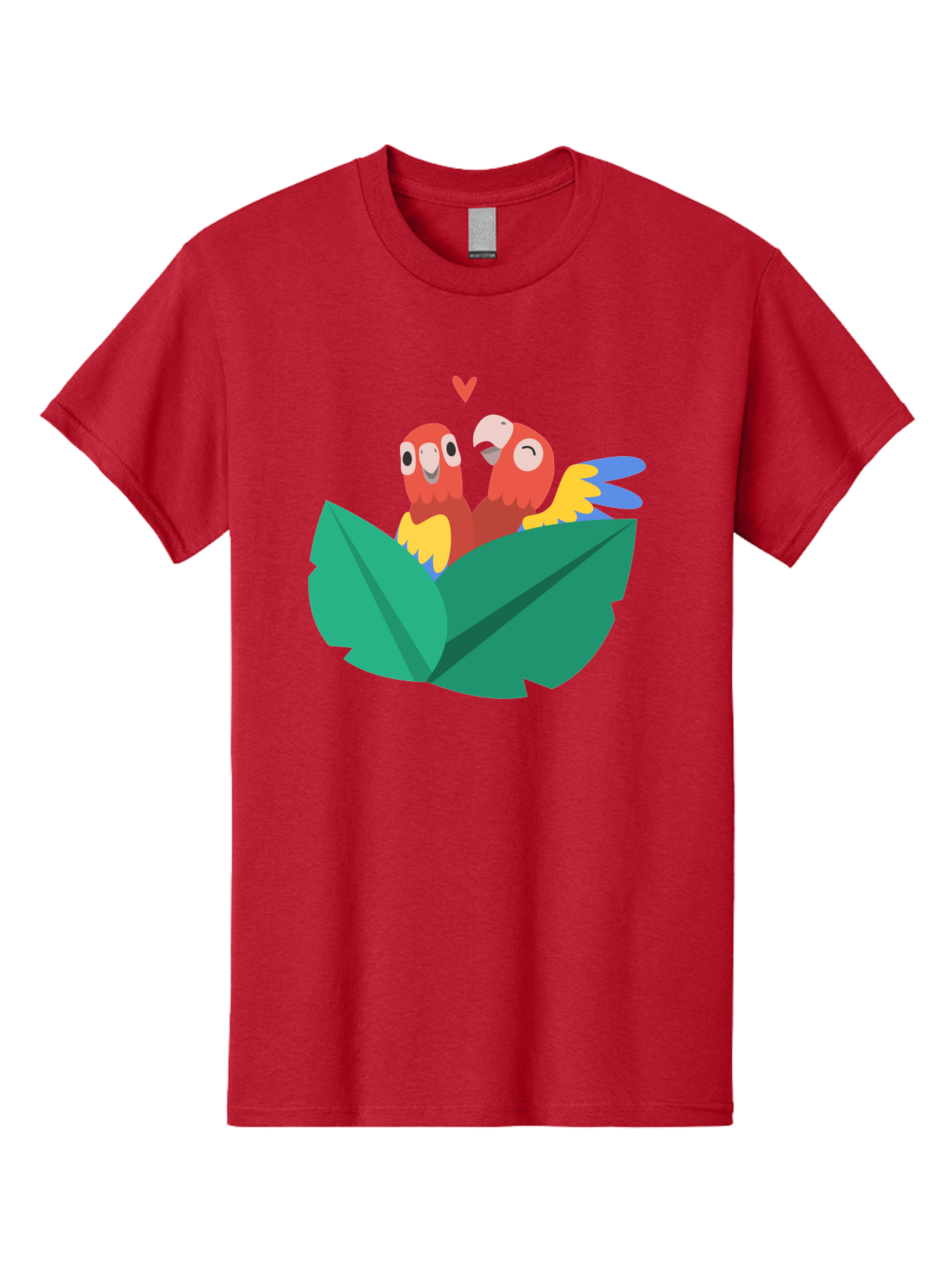 Love-Birds Men'S Graphic Tee, 100% Cotton, Comfortable Casual Summer Wear, Machine Washable, Cartoon Parrots, Red Parrots, Bird Couple, Love Birds, Tropical Birds, Colorful Feathers, Green Leaves, Red Heart, Yellow Beaks, Blue Wings Aab835 15