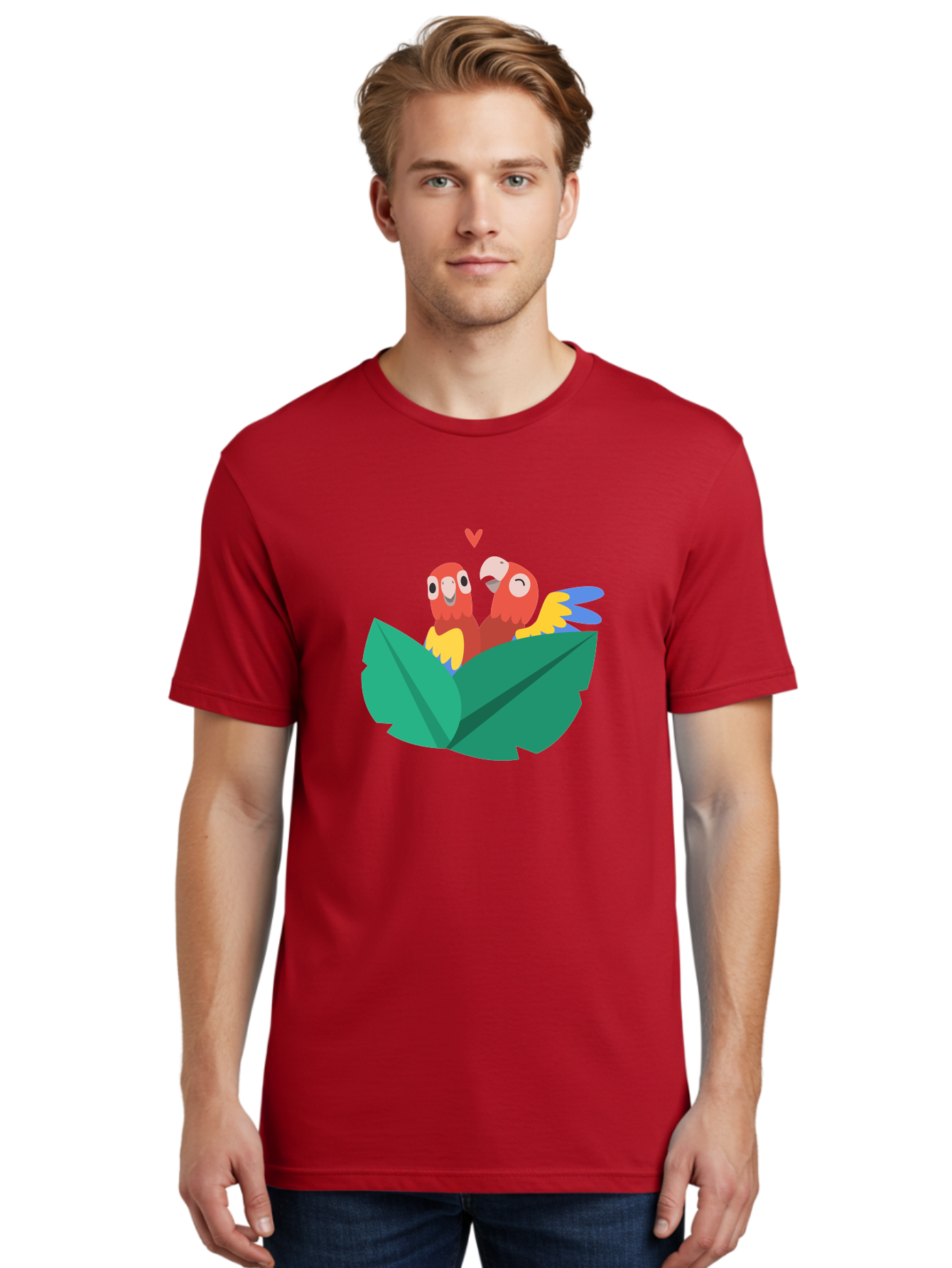 Love-Birds Men'S Graphic Tee, 100% Cotton, Comfortable Casual Summer Wear, Machine Washable, Cartoon Parrots, Red Parrots, Bird Couple, Love Birds, Tropical Birds, Colorful Feathers, Green Leaves, Red Heart, Yellow Beaks, Blue Wings Aab835 16