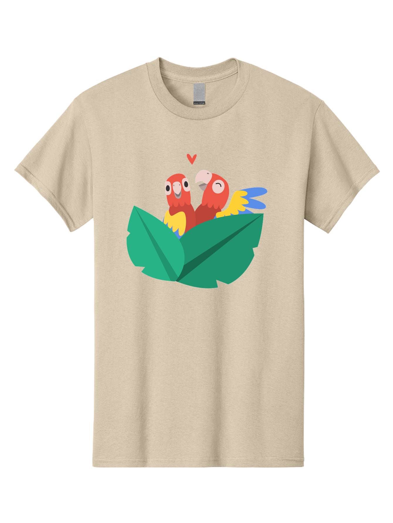 Love-Birds Men'S Graphic Tee, 100% Cotton, Comfortable Casual Summer Wear, Machine Washable, Cartoon Parrots, Red Parrots, Bird Couple, Love Birds, Tropical Birds, Colorful Feathers, Green Leaves, Red Heart, Yellow Beaks, Blue Wings Aab835 1