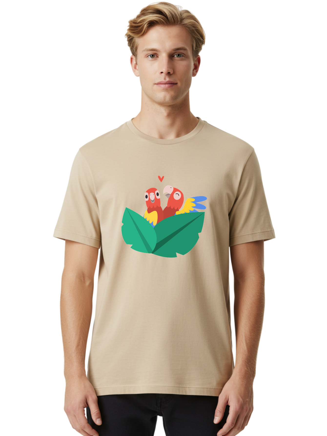 Love-Birds Men'S Graphic Tee, 100% Cotton, Comfortable Casual Summer Wear, Machine Washable, Cartoon Parrots, Red Parrots, Bird Couple, Love Birds, Tropical Birds, Colorful Feathers, Green Leaves, Red Heart, Yellow Beaks, Blue Wings Aab835 2
