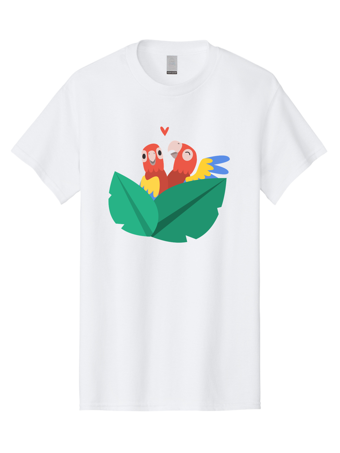 Love-Birds Men'S Graphic Tee, 100% Cotton, Comfortable Casual Summer Wear, Machine Washable, Cartoon Parrots, Red Parrots, Bird Couple, Love Birds, Tropical Birds, Colorful Feathers, Green Leaves, Red Heart, Yellow Beaks, Blue Wings Aab835 21