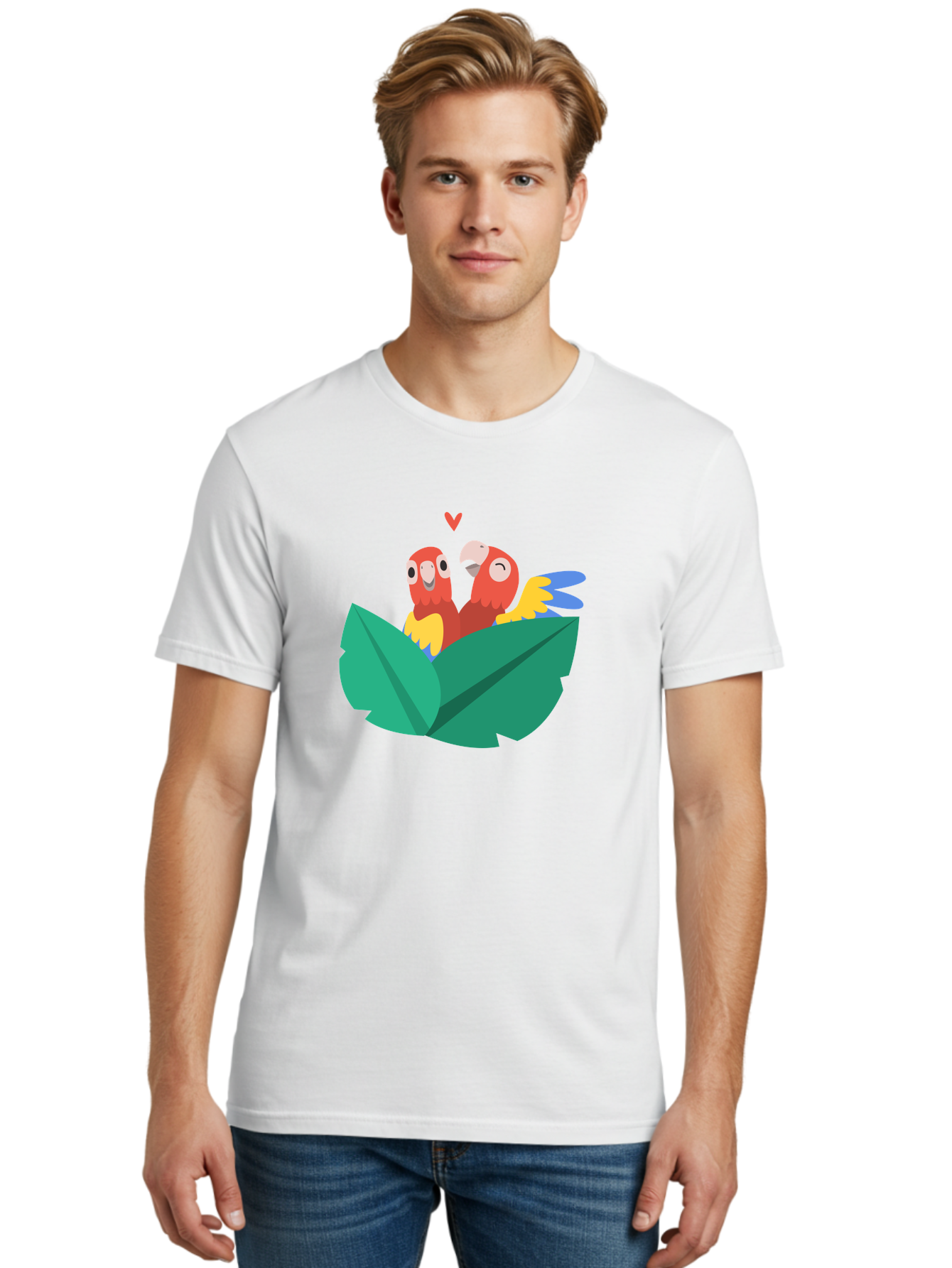 Love-Birds Men'S Graphic Tee, 100% Cotton, Comfortable Casual Summer Wear, Machine Washable, Cartoon Parrots, Red Parrots, Bird Couple, Love Birds, Tropical Birds, Colorful Feathers, Green Leaves, Red Heart, Yellow Beaks, Blue Wings Aab835 22