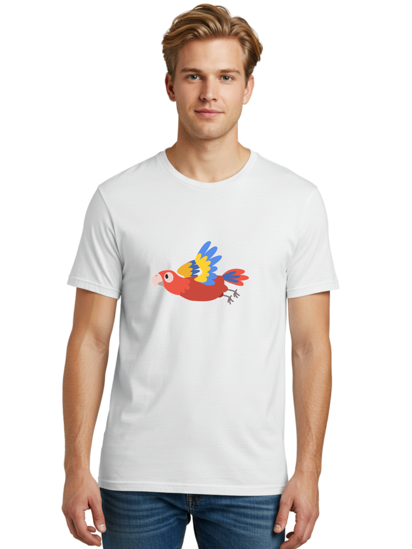 Macaw-1 Men'S Graphic Tee, 100% Cotton, Comfortable Casual Summer Wear, Machine Washable, Red, Blue And Yellow Macaw, Colorful Parrot, Vibrant Plumage, Tropical Bird, Cartoon Style, Flying Macaw, Parrot Illustration Aab838 28