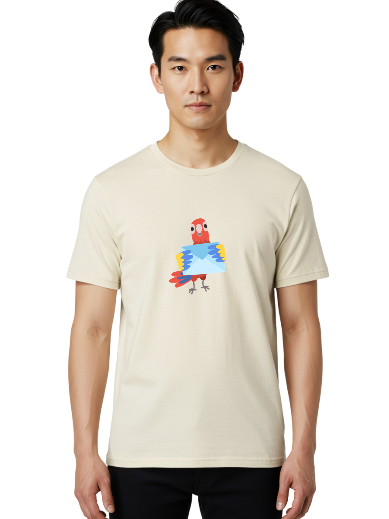 Mail-Parrot Men'S Graphic Tee, 100% Cotton, Comfortable Casual Summer Wear, Machine Washable, Colorful Cartoon Parrot, Red And Blue Bird, Email Symbol, Envelope Icon, Vibrant Plumage, Playful Illustration, Bird Holding Letter Aab841 22