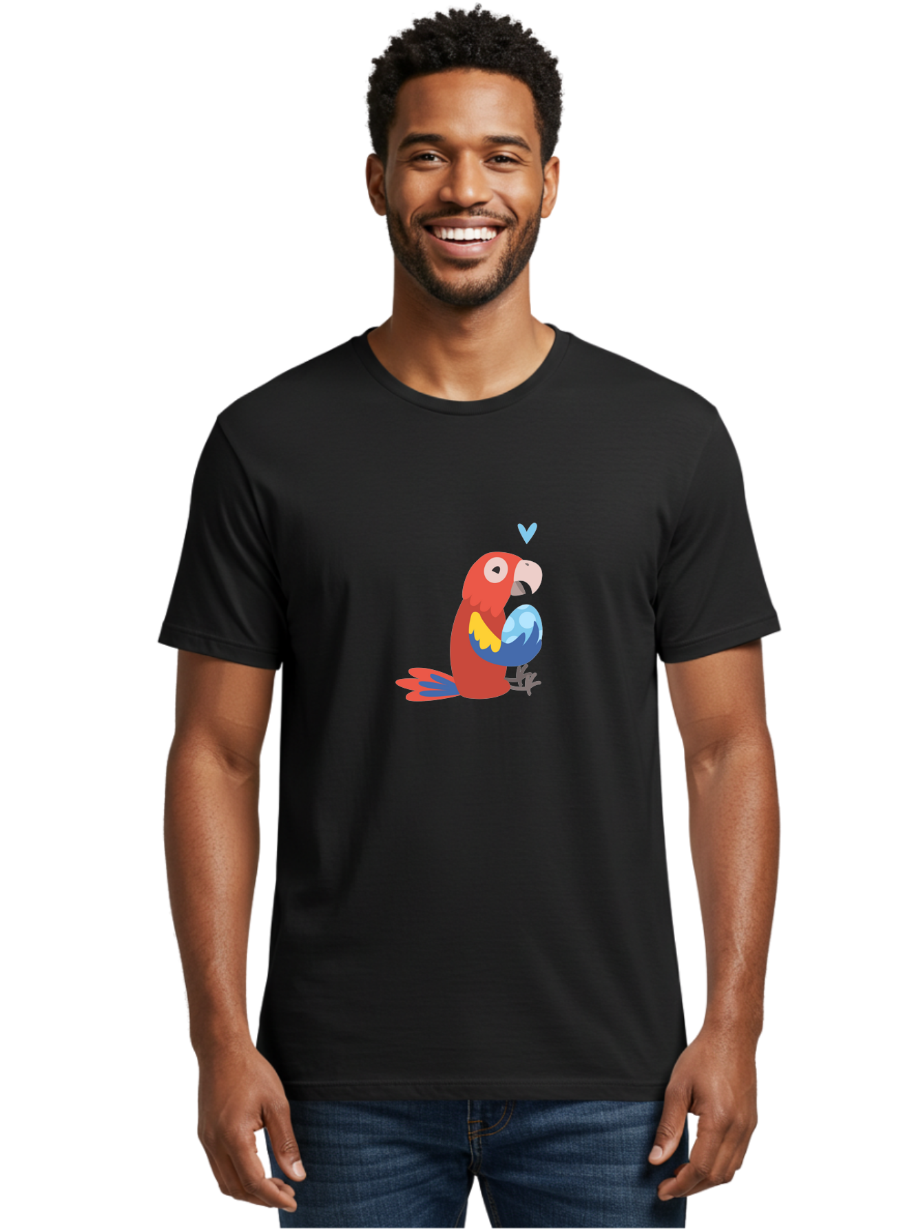 Parrot-3 Men'S Graphic Tee, 100% Cotton, Comfortable Casual Summer Wear, Machine Washable, Colorful Parrot, Red Bird, Blue Wings, Yellow Feathers, Cartoon Character, Heart Above Head, Vibrant Colors, Cute Animal, Tropical Bird, Parrot Love Aab851 2