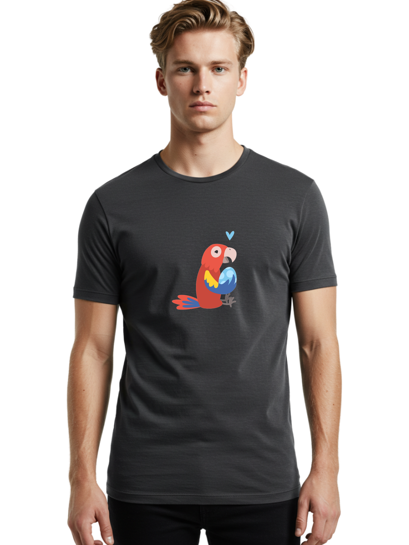 Parrot-3 Men'S Graphic Tee, 100% Cotton, Comfortable Casual Summer Wear, Machine Washable, Colorful Parrot, Red Bird, Blue Wings, Yellow Feathers, Cartoon Character, Heart Above Head, Vibrant Colors, Cute Animal, Tropical Bird, Parrot Love Aab851 22