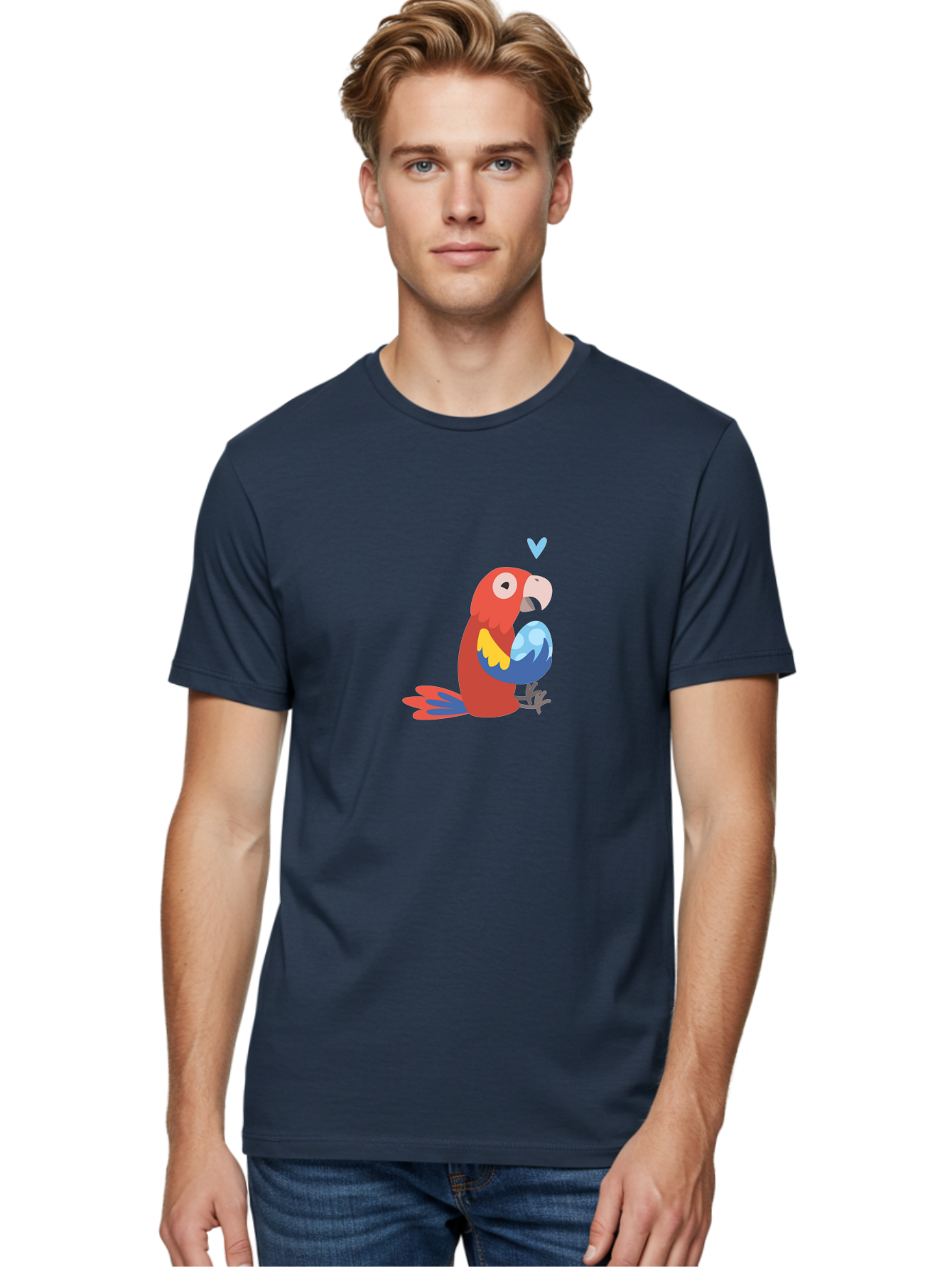 Parrot-3 Men'S Graphic Tee, 100% Cotton, Comfortable Casual Summer Wear, Machine Washable, Colorful Parrot, Red Bird, Blue Wings, Yellow Feathers, Cartoon Character, Heart Above Head, Vibrant Colors, Cute Animal, Tropical Bird, Parrot Love Aab851 20