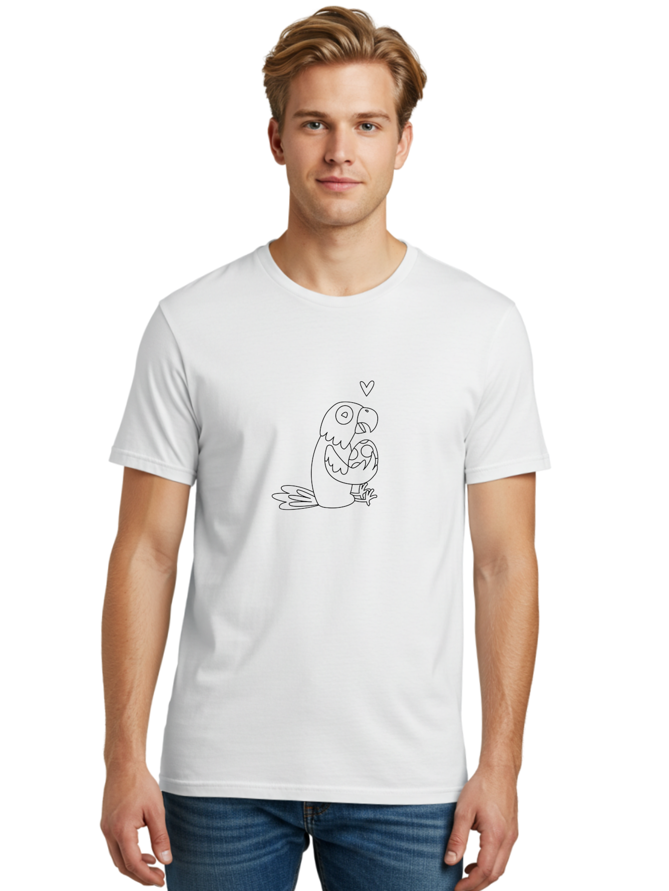 Parrot-And-Heart Men'S Graphic Tee, 100% Cotton, Comfortable Casual Summer Wear, Machine Washable, Parrot Holding Baby Bird, Heart Symbol, Love And Care, Bird'S Nest, Cute Animals, Wildlife Illustration, Simple Line Art Aab858 28
