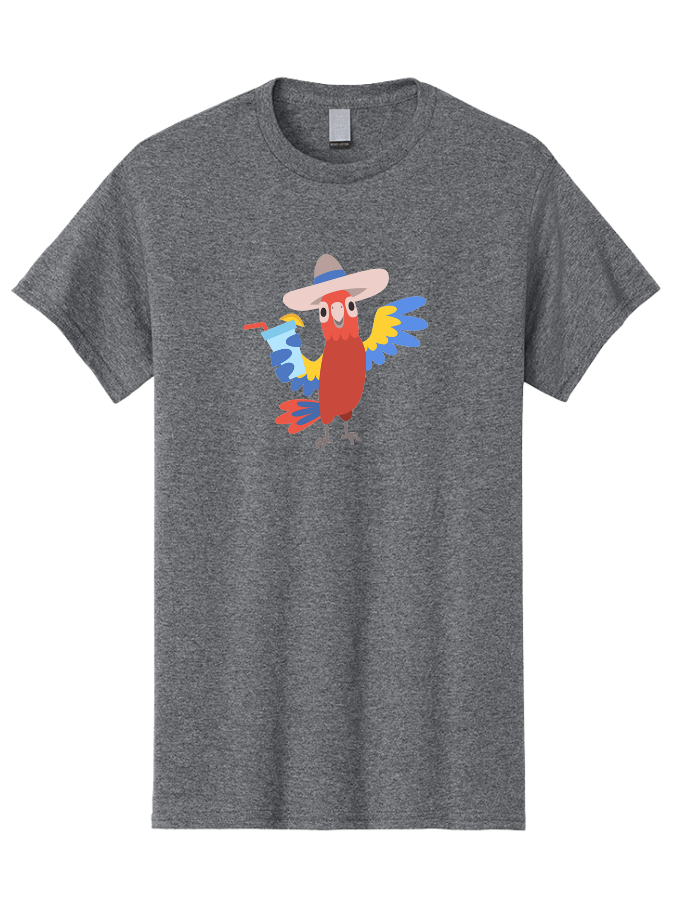 Parrot-Hat-Drink Men'S Graphic Tee, 100% Cotton, Comfortable Casual Summer Wear, Machine Washable, Colorful Parrot, Cartoon Parrot, Tropical Bird, Blue And Yellow Wings, Red Body, Large Hat, Striped Band, Cold Drink, Straw, Funny Character, Aab860 19