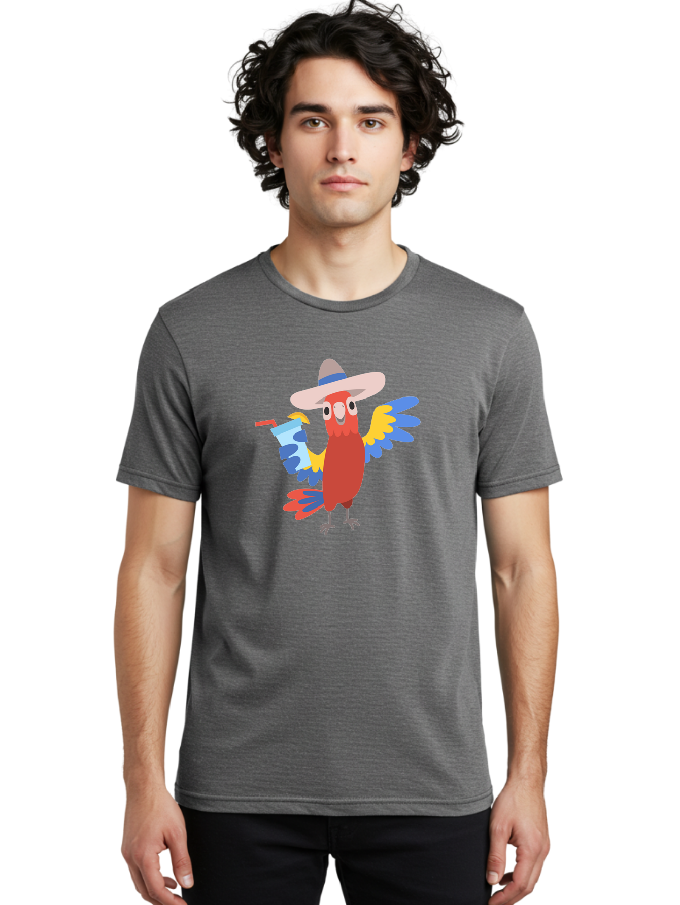 Parrot-Hat-Drink Men'S Graphic Tee, 100% Cotton, Comfortable Casual Summer Wear, Machine Washable, Colorful Parrot, Cartoon Parrot, Tropical Bird, Blue And Yellow Wings, Red Body, Large Hat, Striped Band, Cold Drink, Straw, Funny Character, Aab860 20