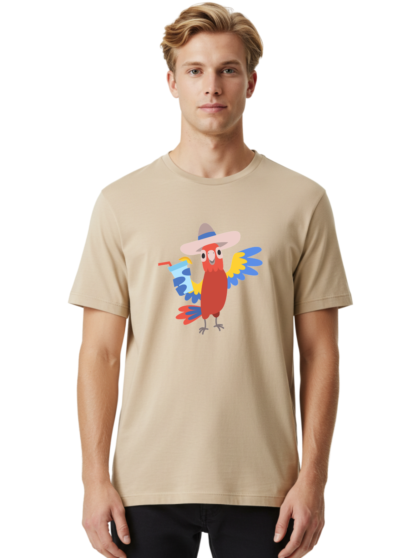 Parrot-Hat-Drink Men'S Graphic Tee, 100% Cotton, Comfortable Casual Summer Wear, Machine Washable, Colorful Parrot, Cartoon Parrot, Tropical Bird, Blue And Yellow Wings, Red Body, Large Hat, Striped Band, Cold Drink, Straw, Funny Character, Aab860 4