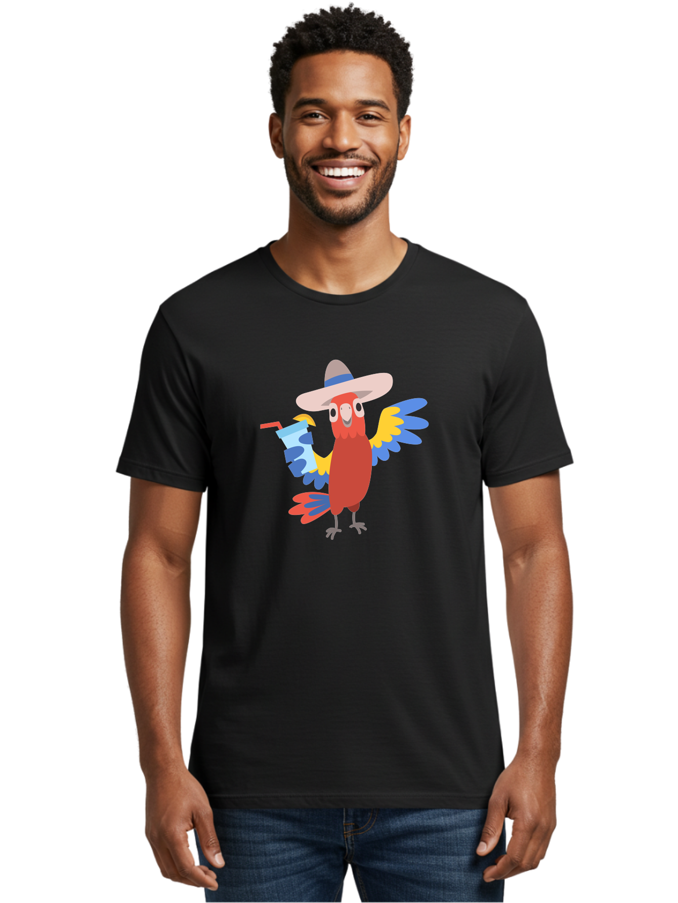 Parrot-In-Hat Men'S Graphic Tee, 100% Cotton, Comfortable Casual Summer Wear, Machine Washable, Colorful Cartoon Parrot, Tropical Bird, Cartoon Character, Wide-Brimmed Hat, Straw Hat, Festive Atmosphere, Playful Design, Vibrant Colors, Aab863 26