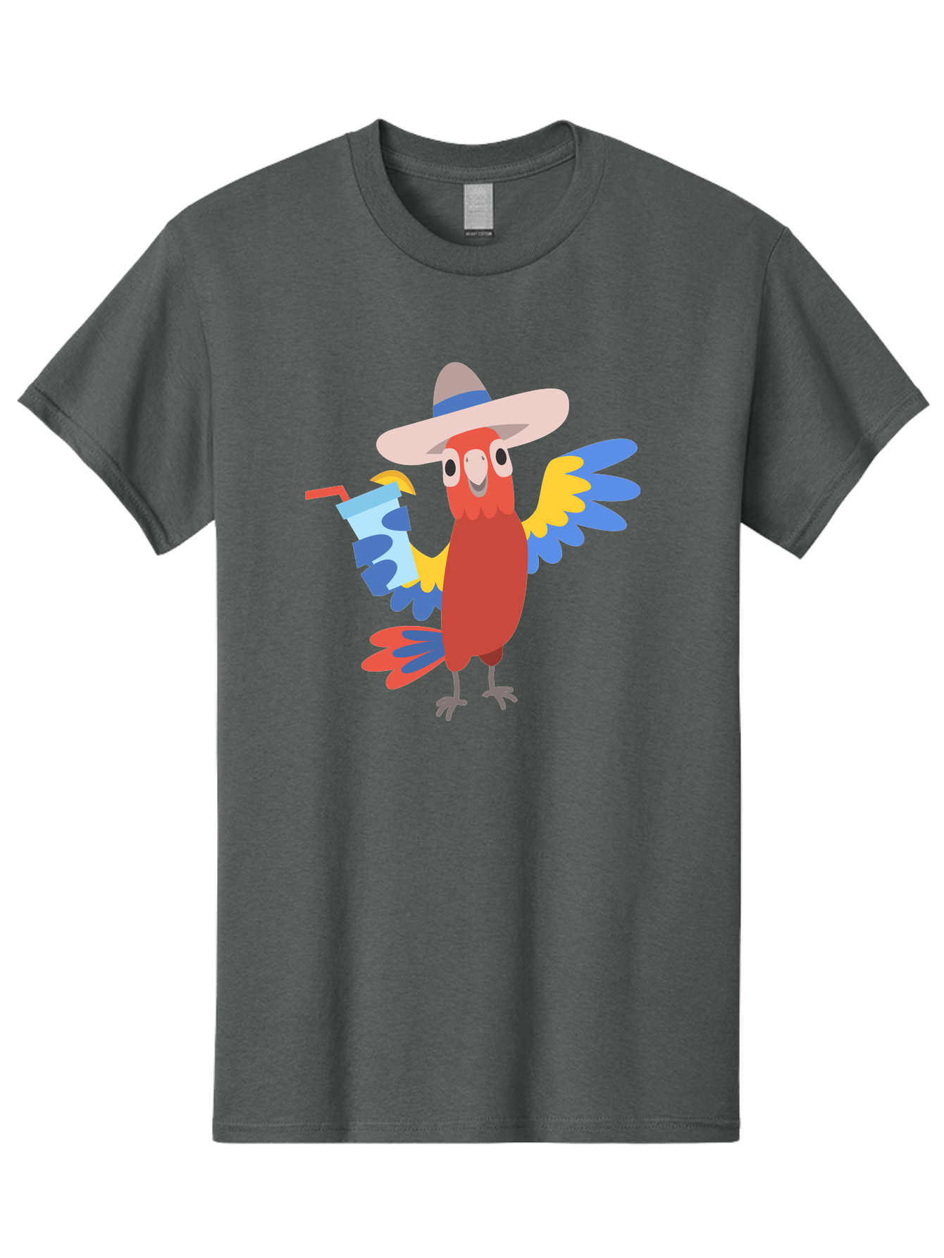 Parrot-In-Hat Men'S Graphic Tee, 100% Cotton, Comfortable Casual Summer Wear, Machine Washable, Colorful Cartoon Parrot, Tropical Bird, Cartoon Character, Wide-Brimmed Hat, Straw Hat, Festive Atmosphere, Playful Design, Vibrant Colors, Aab863 3