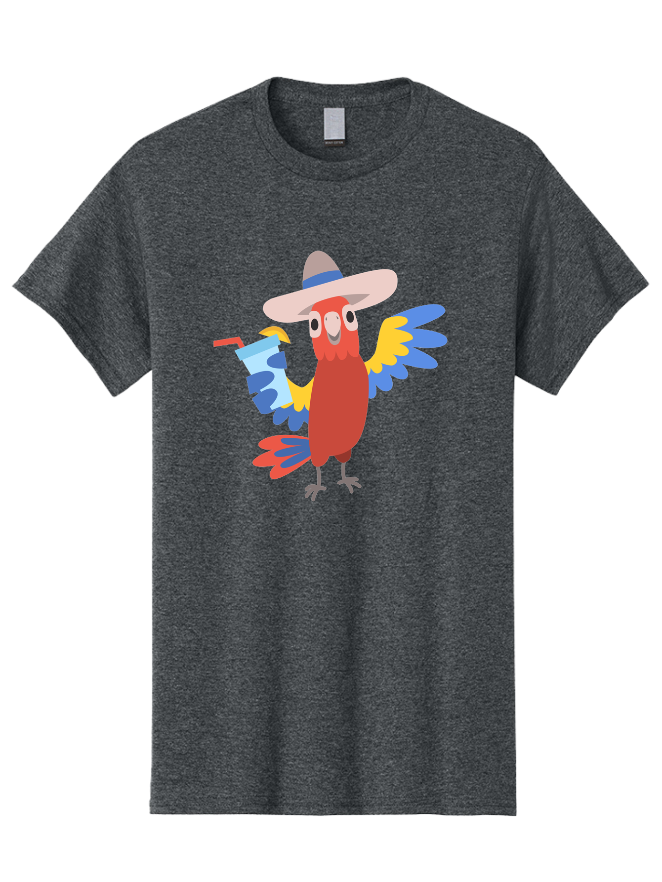 Parrot-In-Hat Men'S Graphic Tee, 100% Cotton, Comfortable Casual Summer Wear, Machine Washable, Colorful Cartoon Parrot, Tropical Bird, Cartoon Character, Wide-Brimmed Hat, Straw Hat, Festive Atmosphere, Playful Design, Vibrant Colors, Aab863 15