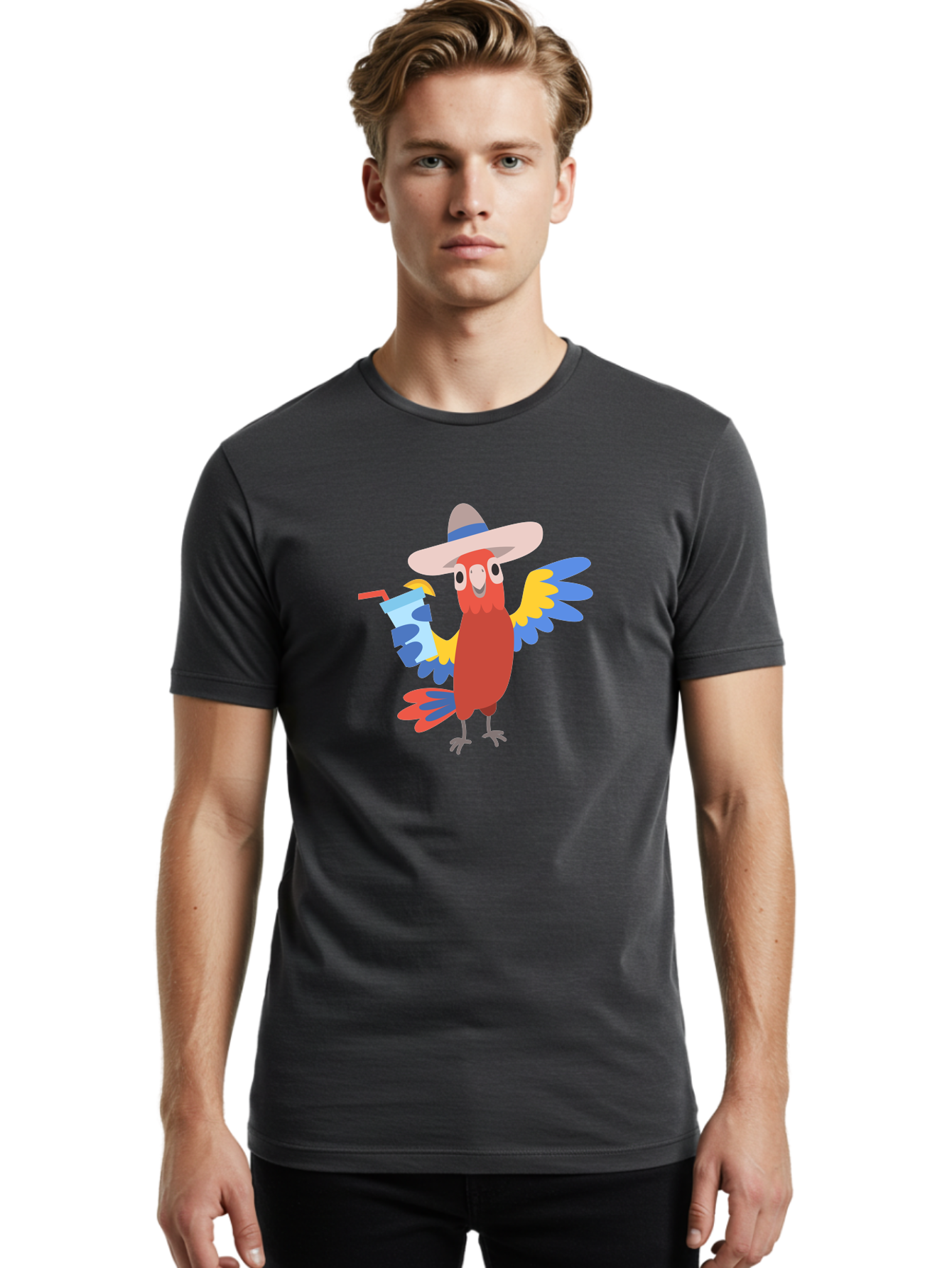 Parrot-In-Hat Men'S Graphic Tee, 100% Cotton, Comfortable Casual Summer Wear, Machine Washable, Colorful Cartoon Parrot, Tropical Bird, Cartoon Character, Wide-Brimmed Hat, Straw Hat, Festive Atmosphere, Playful Design, Vibrant Colors, Aab863 16