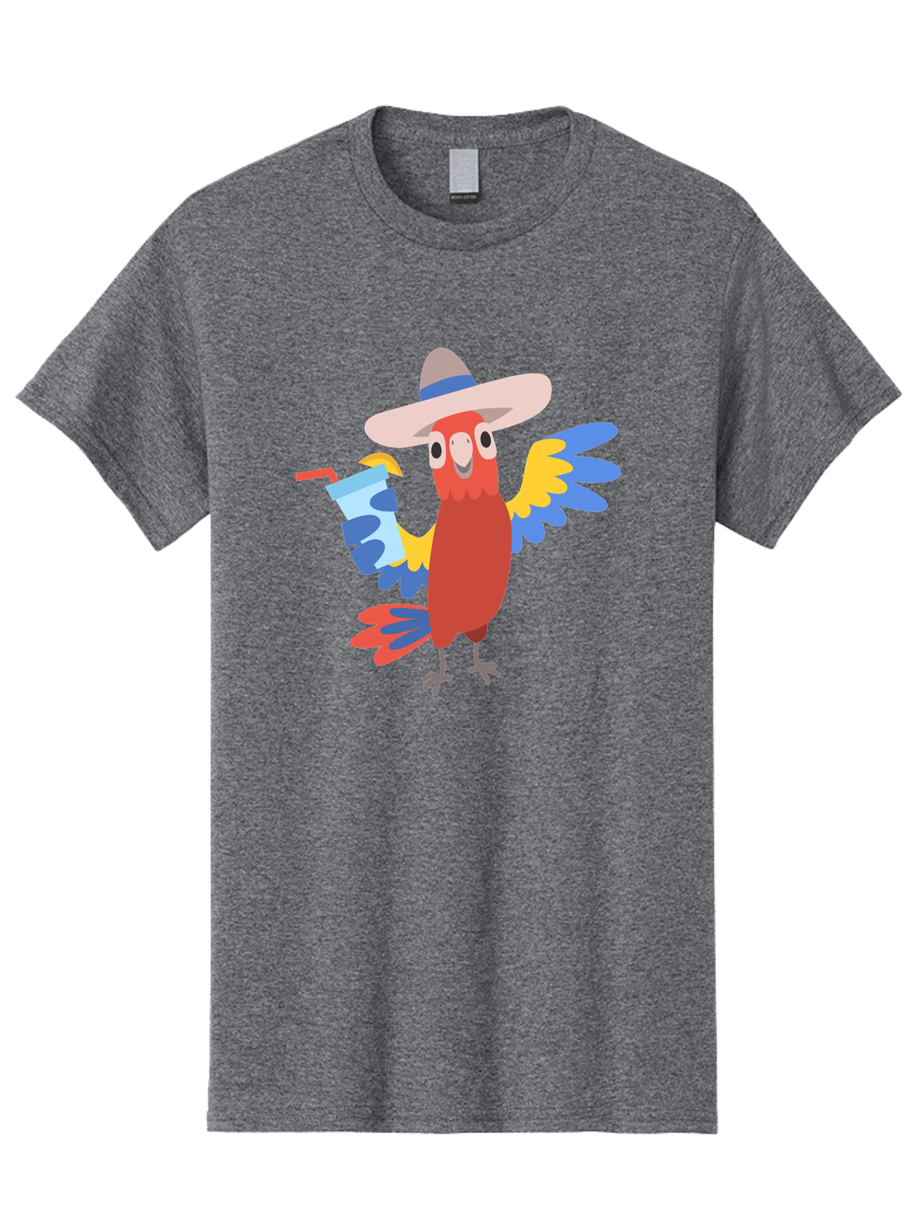 Parrot-In-Hat Men'S Graphic Tee, 100% Cotton, Comfortable Casual Summer Wear, Machine Washable, Colorful Cartoon Parrot, Tropical Bird, Cartoon Character, Wide-Brimmed Hat, Straw Hat, Festive Atmosphere, Playful Design, Vibrant Colors, Aab863 19