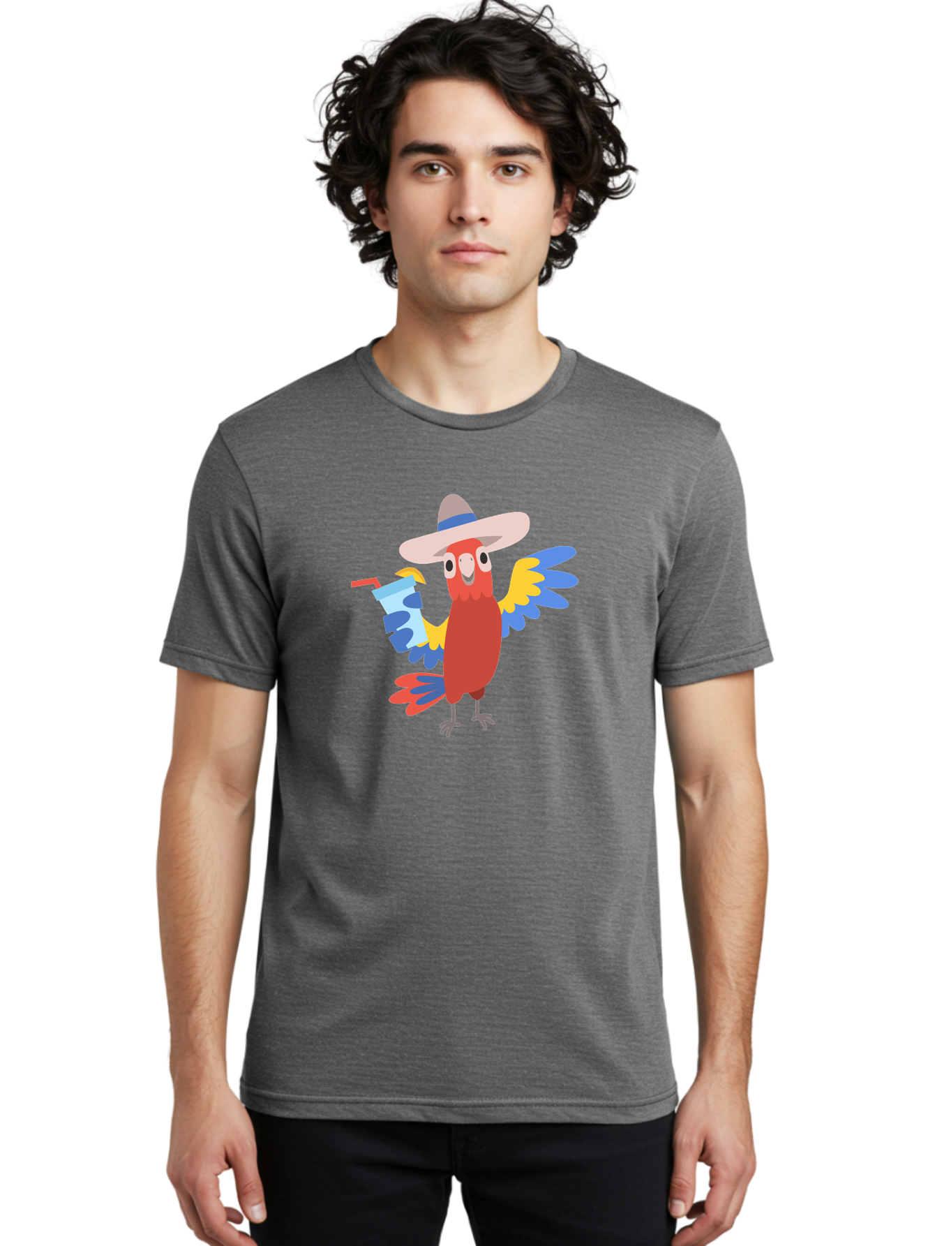 Parrot-In-Hat Men'S Graphic Tee, 100% Cotton, Comfortable Casual Summer Wear, Machine Washable, Colorful Cartoon Parrot, Tropical Bird, Cartoon Character, Wide-Brimmed Hat, Straw Hat, Festive Atmosphere, Playful Design, Vibrant Colors, Aab863 20