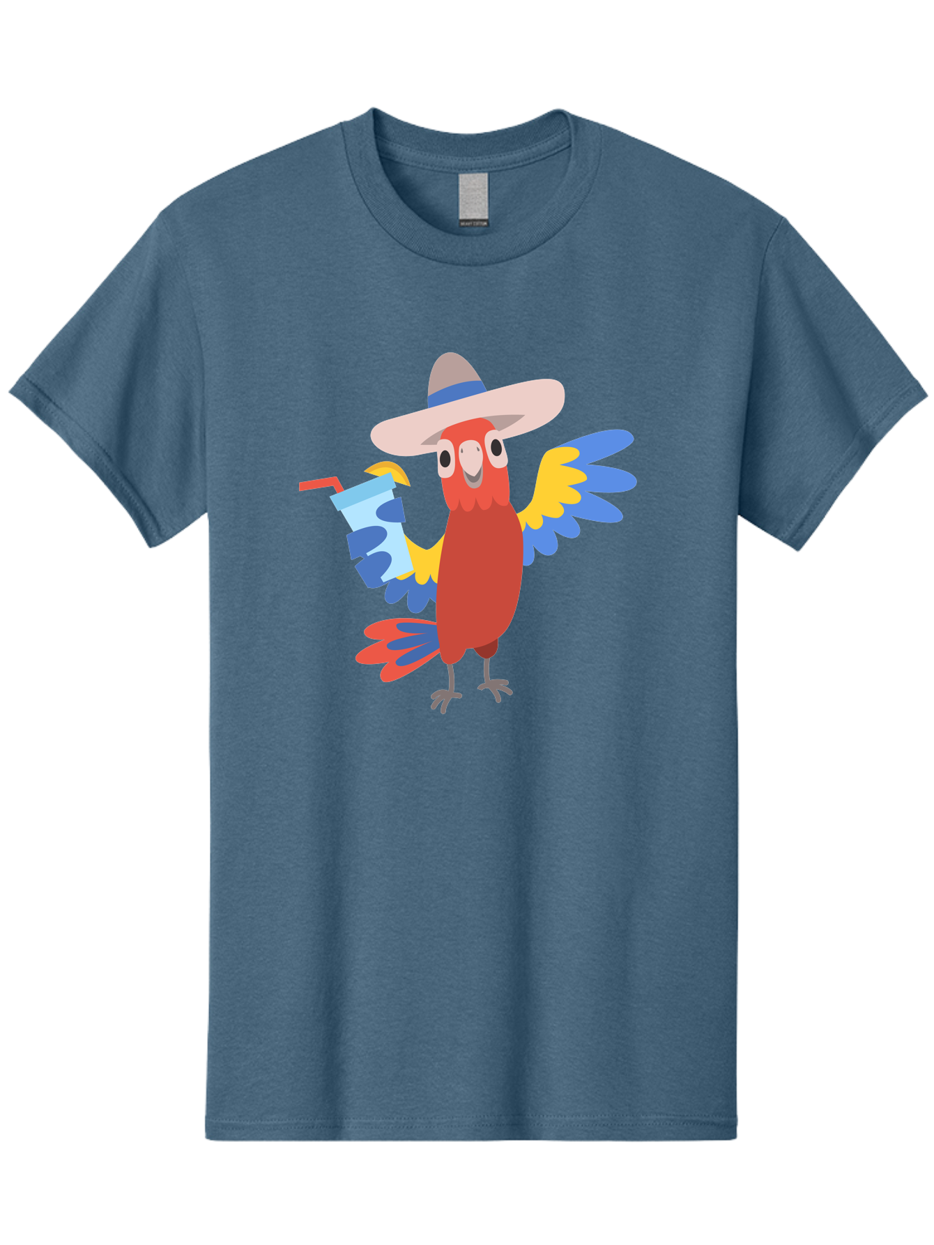 Parrot-In-Hat Men'S Graphic Tee, 100% Cotton, Comfortable Casual Summer Wear, Machine Washable, Colorful Cartoon Parrot, Tropical Bird, Cartoon Character, Wide-Brimmed Hat, Straw Hat, Festive Atmosphere, Playful Design, Vibrant Colors, Aab863 17