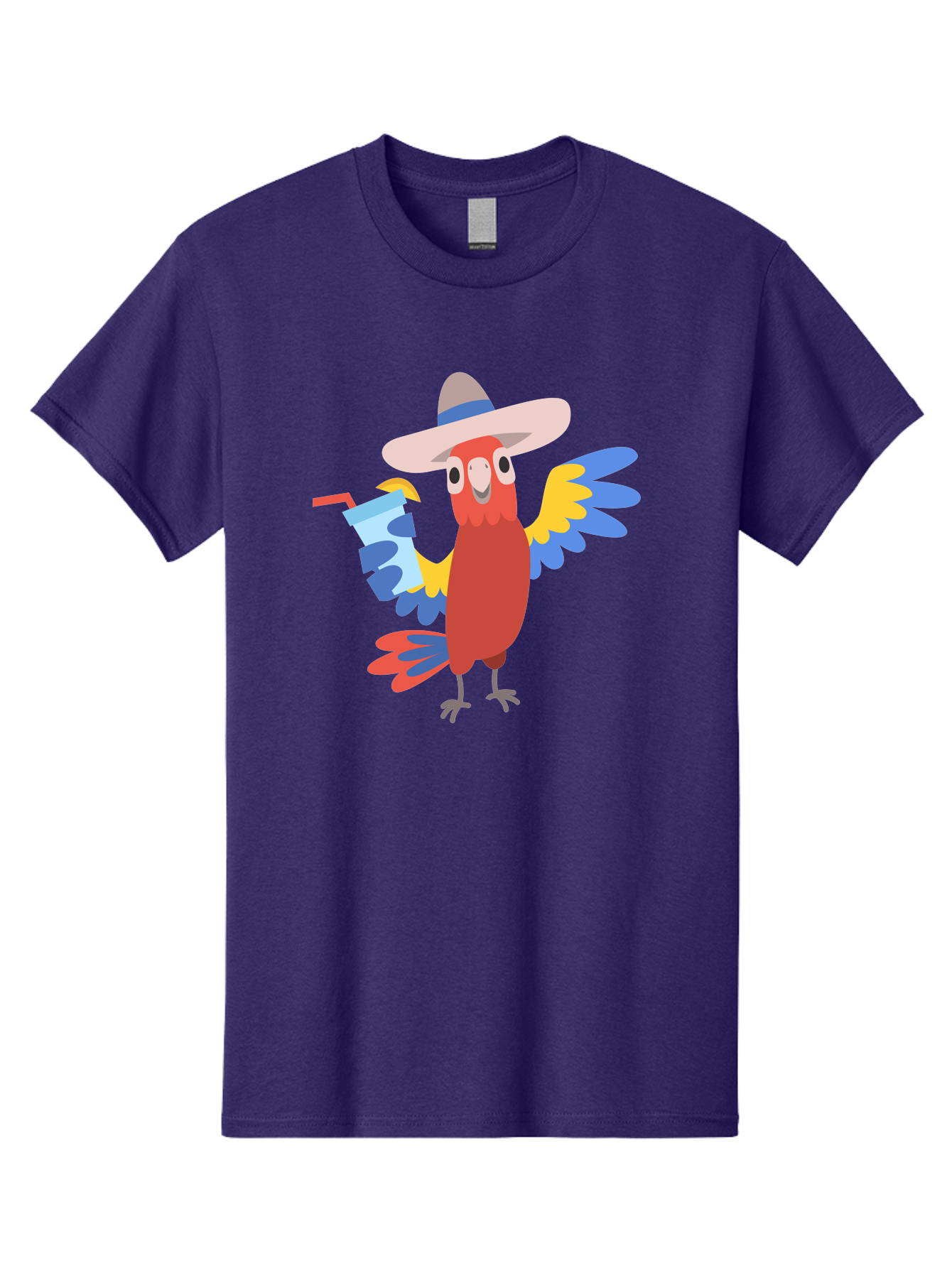 Parrot-In-Hat Men'S Graphic Tee, 100% Cotton, Comfortable Casual Summer Wear, Machine Washable, Colorful Cartoon Parrot, Tropical Bird, Cartoon Character, Wide-Brimmed Hat, Straw Hat, Festive Atmosphere, Playful Design, Vibrant Colors, Aab863 23