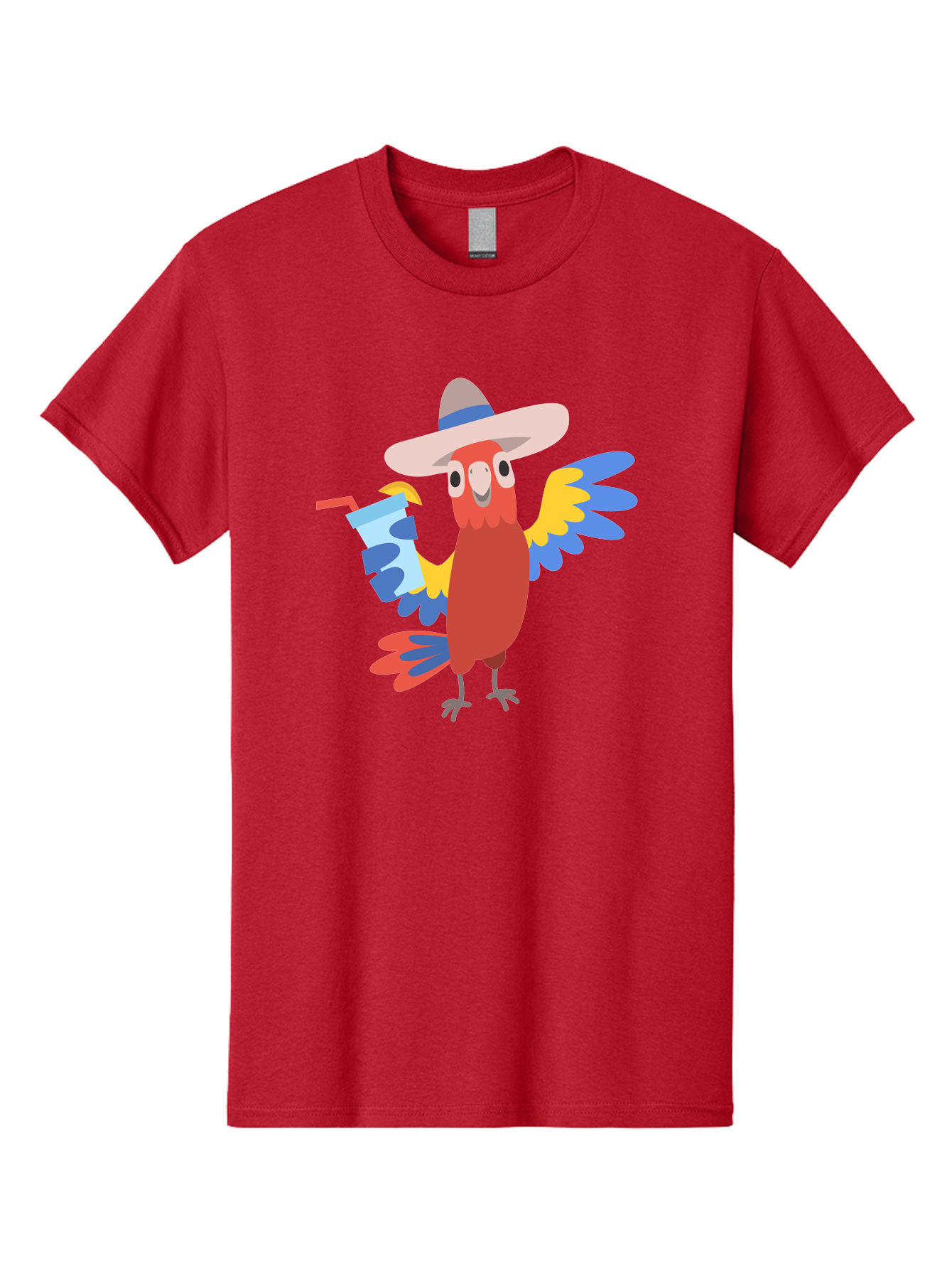 Parrot-In-Hat Men'S Graphic Tee, 100% Cotton, Comfortable Casual Summer Wear, Machine Washable, Colorful Cartoon Parrot, Tropical Bird, Cartoon Character, Wide-Brimmed Hat, Straw Hat, Festive Atmosphere, Playful Design, Vibrant Colors, Aab863 7