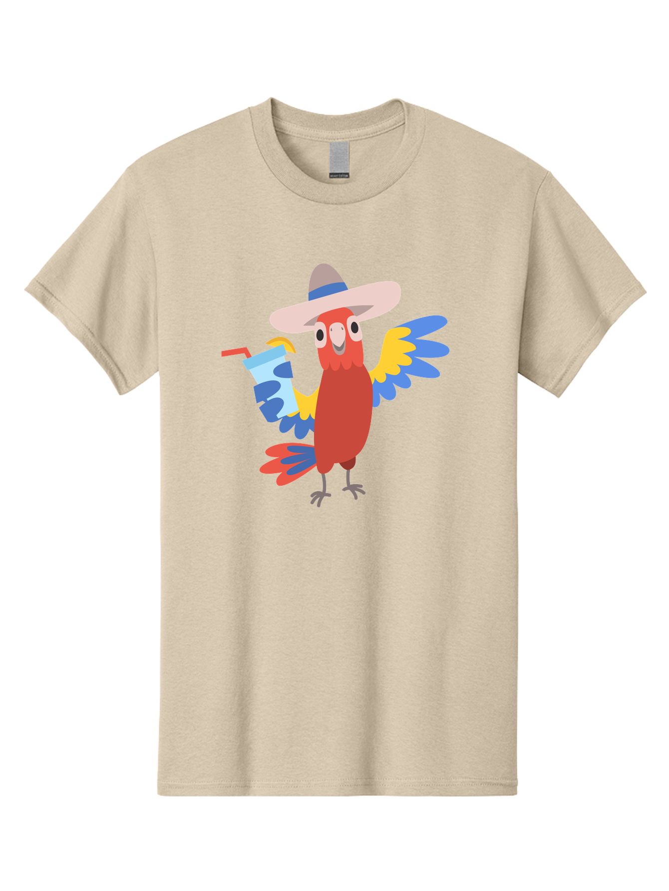 Parrot-In-Hat Men'S Graphic Tee, 100% Cotton, Comfortable Casual Summer Wear, Machine Washable, Colorful Cartoon Parrot, Tropical Bird, Cartoon Character, Wide-Brimmed Hat, Straw Hat, Festive Atmosphere, Playful Design, Vibrant Colors, Aab863 11