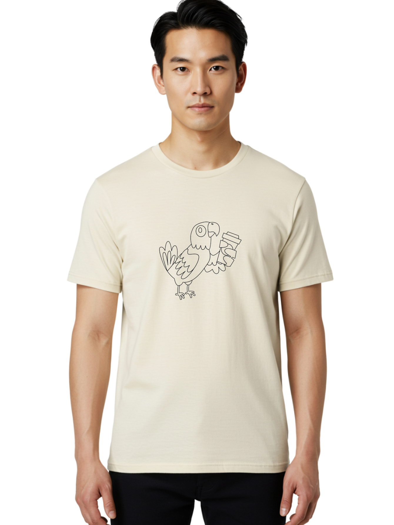 Parrot-With-Coffee Men'S Graphic Tee, 100% Cotton, Comfortable Casual Summer Wear, Machine Washable, Parrot Holding Coffee Cup, Cartoon Bird, Coffee Lover, Funny Animal, Quirky Character, Line Art, Simple Design, Humorous Illustration Aab868 24