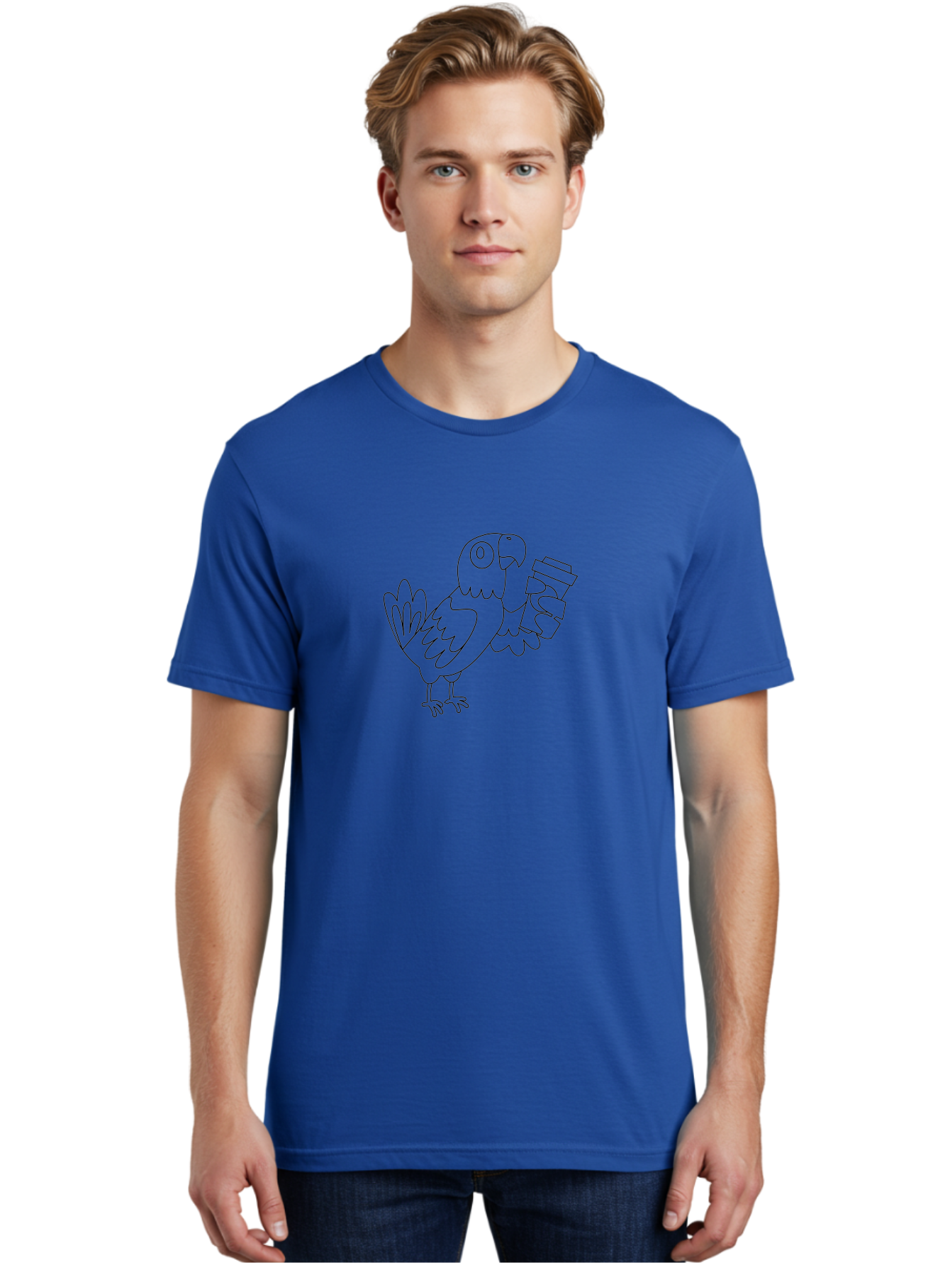 Parrot-With-Coffee Men'S Graphic Tee, 100% Cotton, Comfortable Casual Summer Wear, Machine Washable, Parrot Holding Coffee Cup, Cartoon Bird, Coffee Lover, Funny Animal, Quirky Character, Line Art, Simple Design, Humorous Illustration Aab868 16