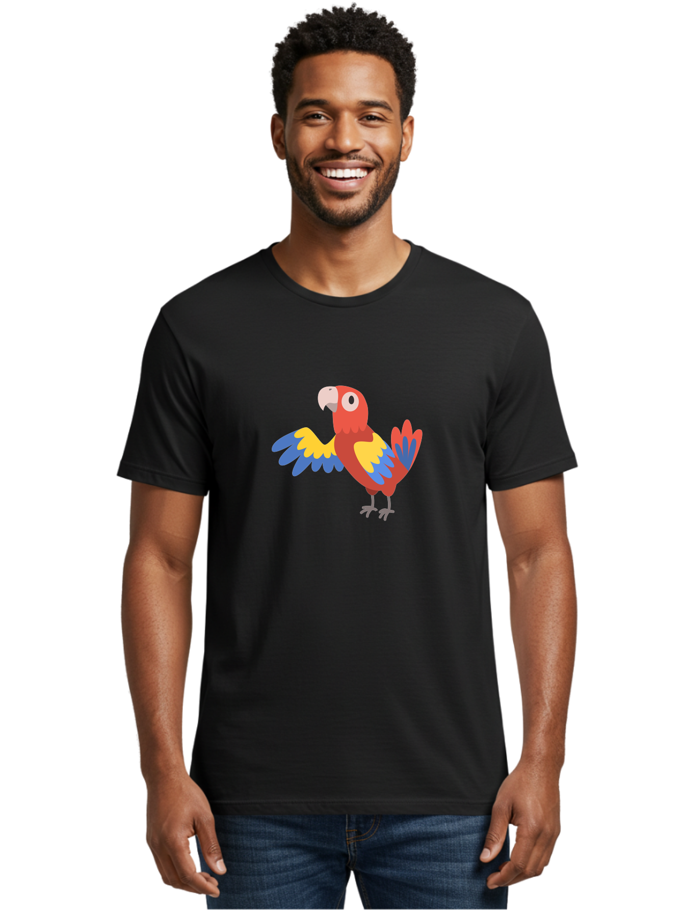 Parrot Men'S Graphic Tee, 100% Cotton, Comfortable Casual Summer Wear, Machine Washable, Vibrant Parrot, Colorful Bird, Tropical Parrot, Cartoon Parrot, Parrot Illustration, Red Parrot, Blue And Yellow Wings, White Beak, Simple Art, Aab872 16