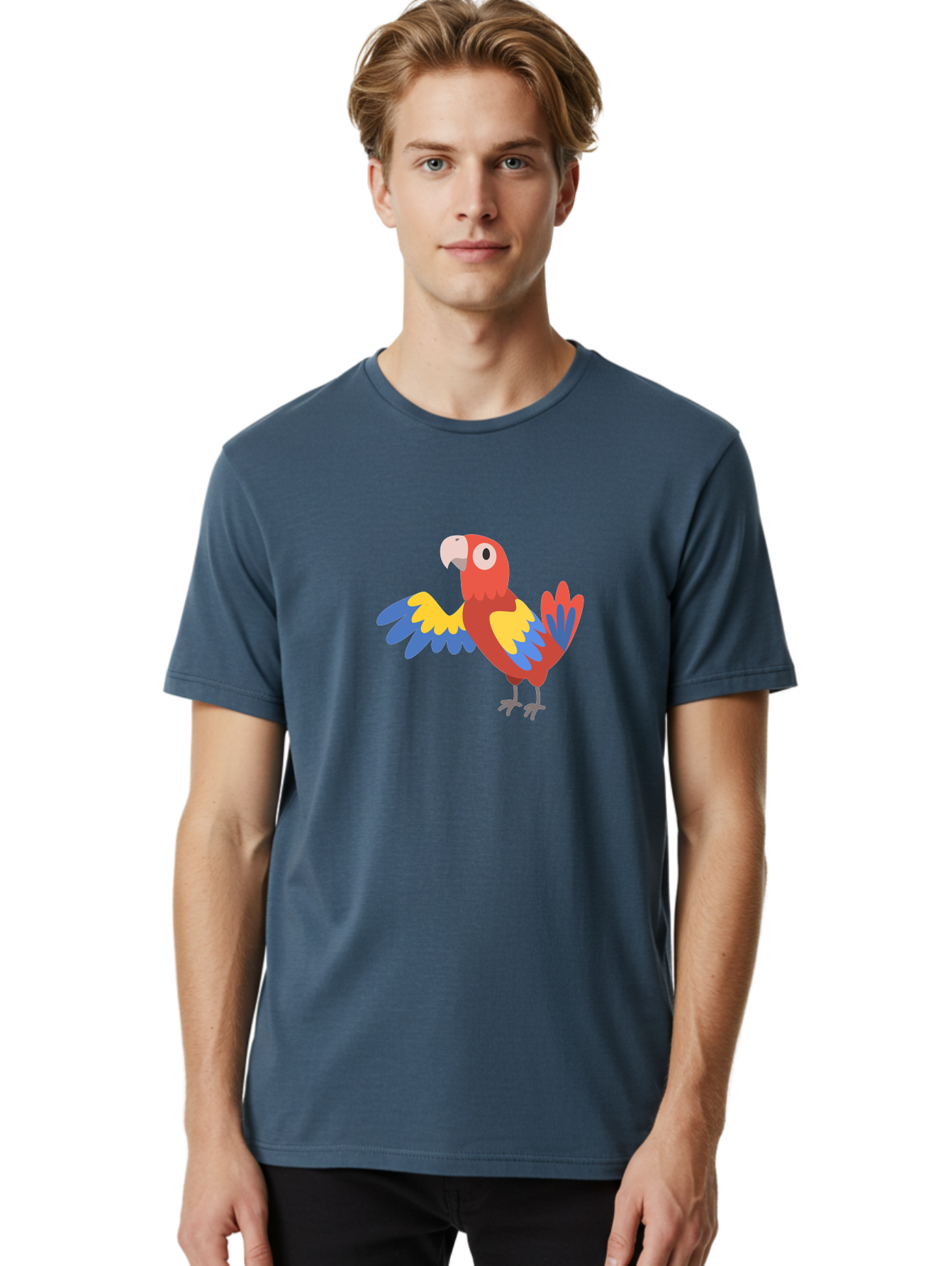 Parrot Men'S Graphic Tee, 100% Cotton, Comfortable Casual Summer Wear, Machine Washable, Vibrant Parrot, Colorful Bird, Tropical Parrot, Cartoon Parrot, Parrot Illustration, Red Parrot, Blue And Yellow Wings, White Beak, Simple Art, Aab872 18